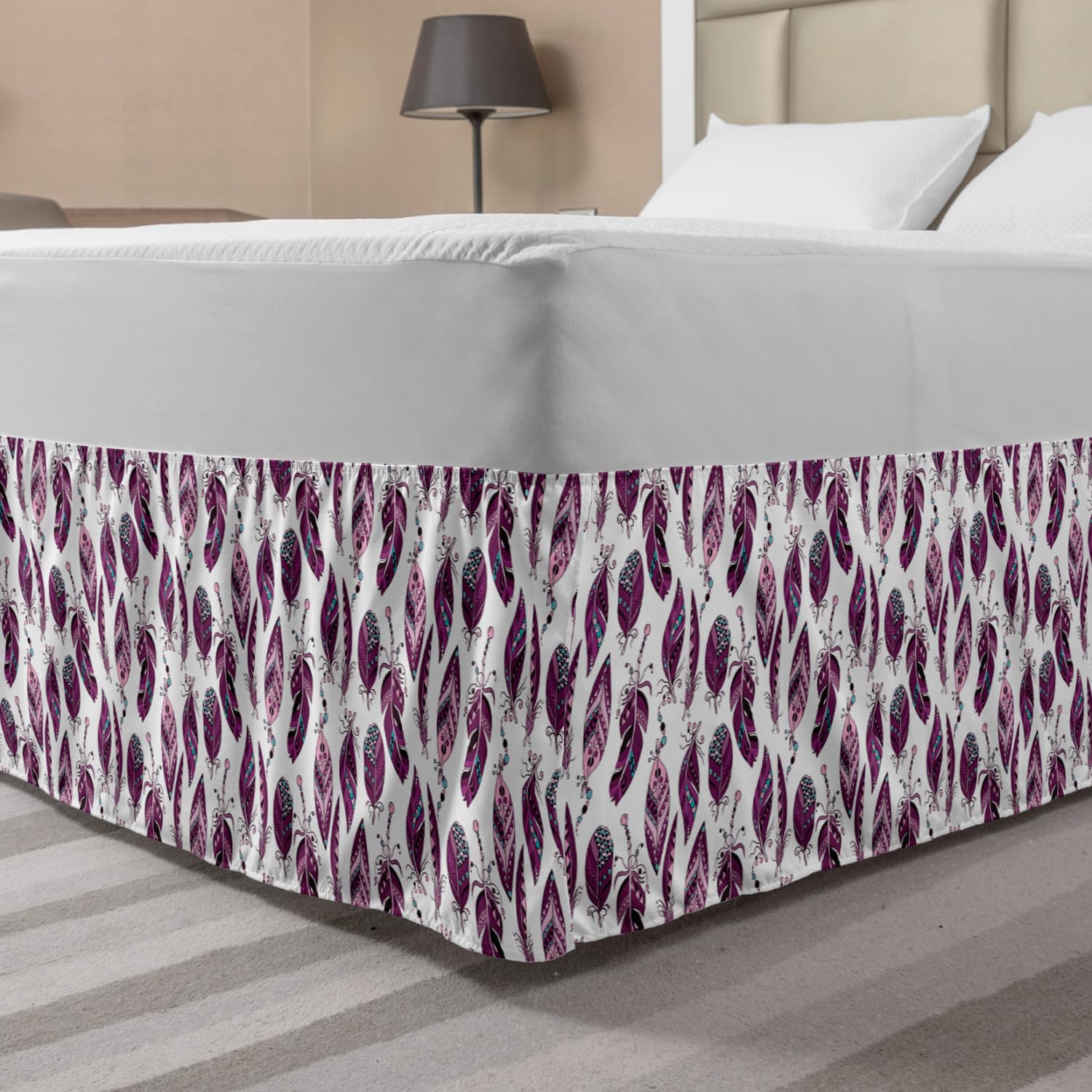 Ambesonne Bohemian Bed Skirt with Feather & Geometric Patterns - Elastic Wrap Around Gathered Design for King Size Beds in Pale Pink Plum | Hippie Chic Bedroom Decor for Master & Guest Rooms