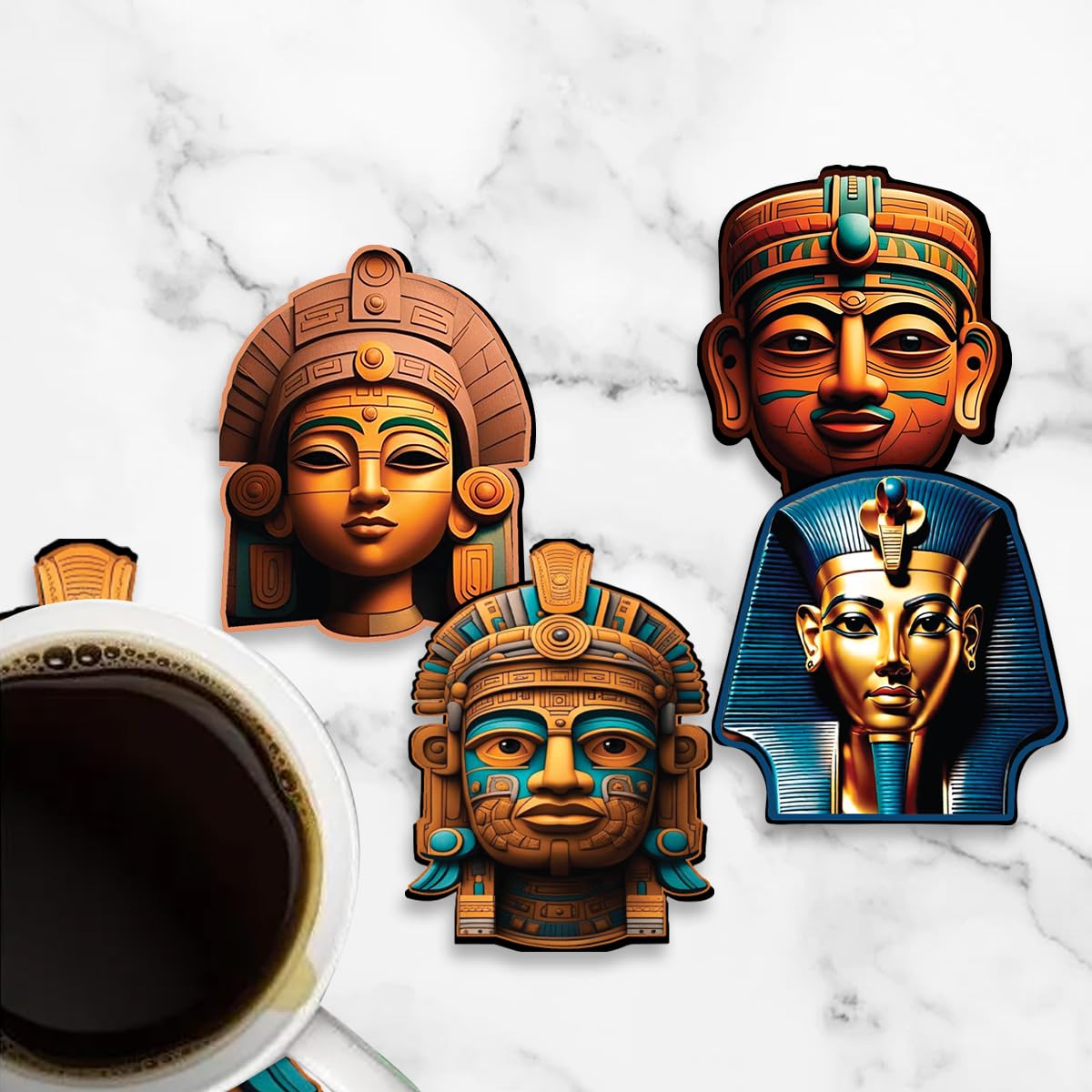 Gift Me Bazar 4-Pack Mayan Art Wooden Coasters for Coffee, Tea & Drinks | Heat-Resistant Table Protectors for Kitchen, Office & Dining Room | Perfect Home Decor & Housewarming Gift