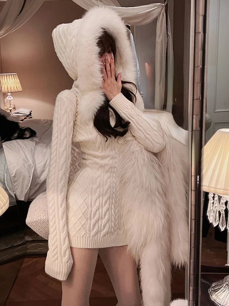2023 Winter Knitted Hooded Sweater Dress for Women - Slim Bodycon Y2K Mini Dress with Faux Fur Trim, Korean Elegant One Piece Dress | Perfect for Christmas Parties, Date Nights & Casual Outfits