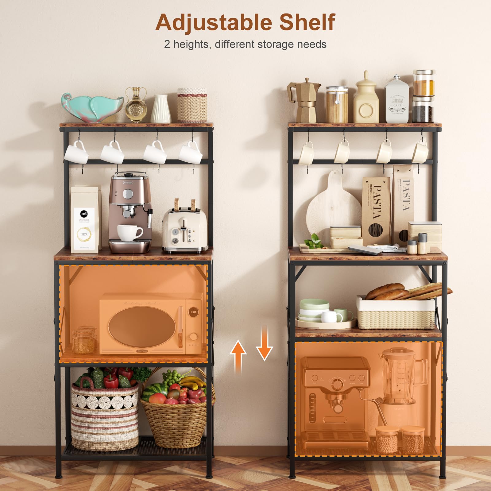 Rustic Brown 4-Tier Kitchen Bakers Rack with Adjustable Storage Shelves & 8 Hooks - Freestanding Microwave Stand, Coffee Bar Organizer - Perfect for Small Kitchens, Pantry Organization & Appliance Storage