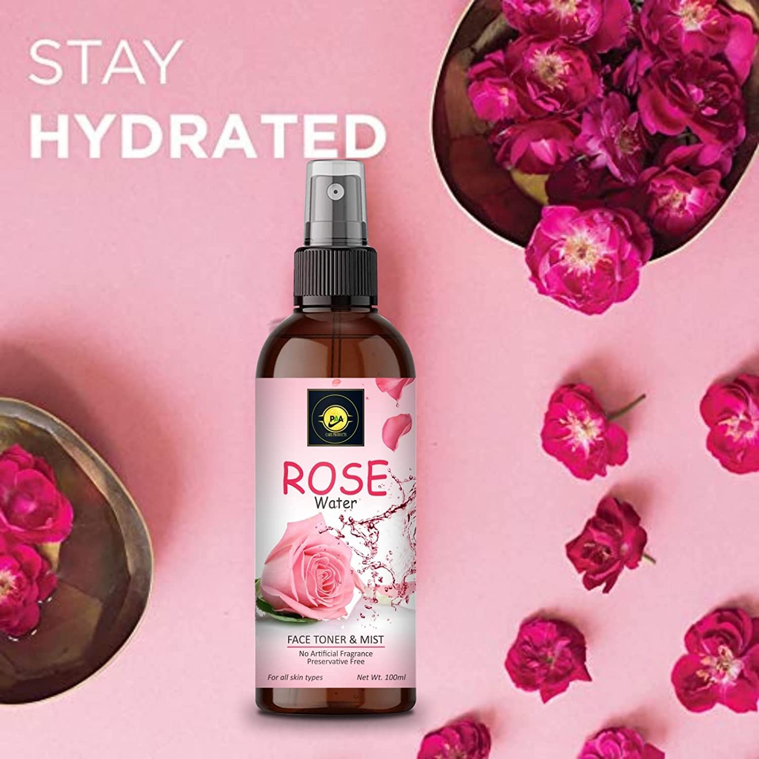 PAA Pure & Natural Rose Water Toner - Steam Distilled Gulab Jal for Face & Skin Hydration | Facial Mist, Makeup Setting Spray & After Sun Care
