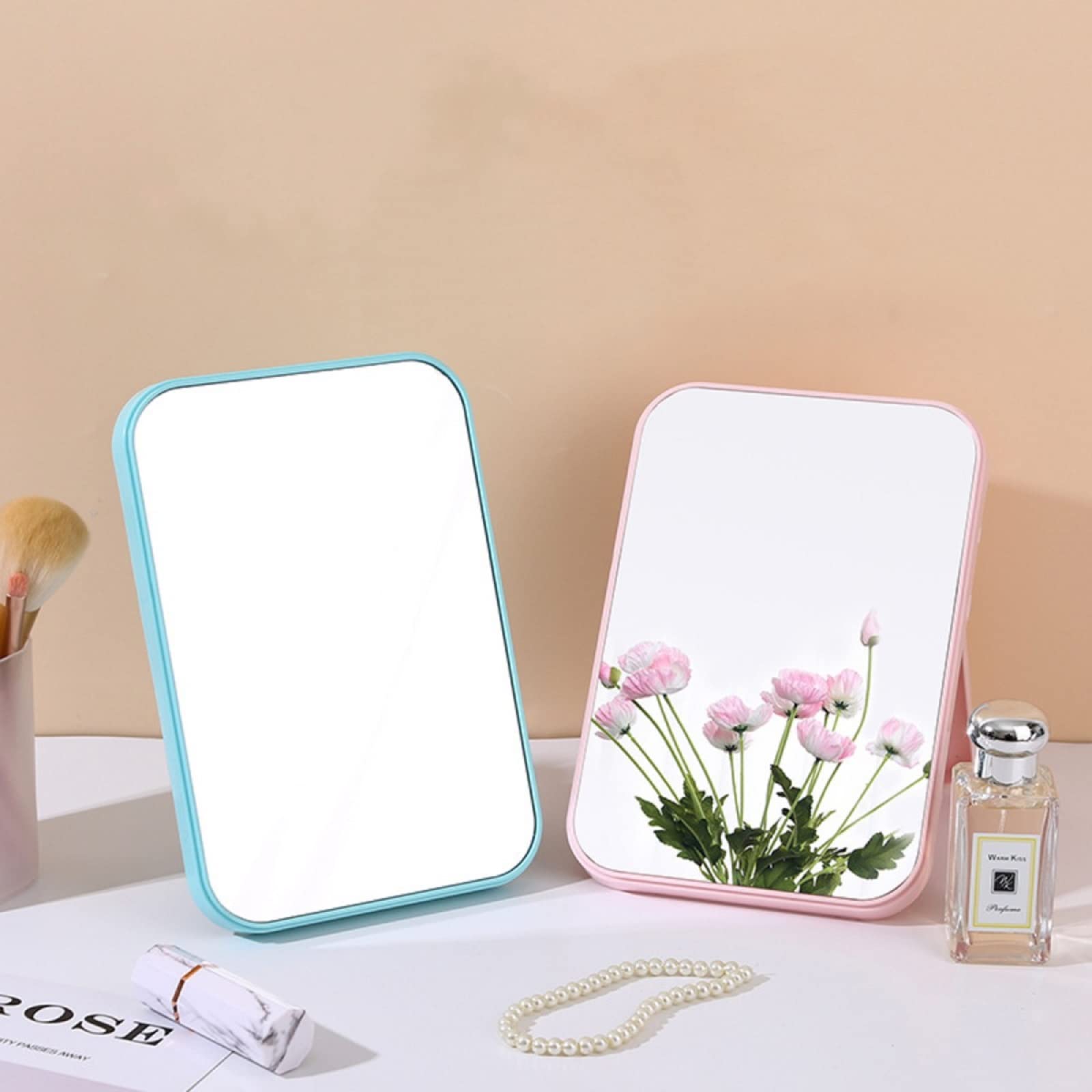 HENIJ® Portable Travel Makeup Mirror with Adjustable Stand - Foldable Square Cosmetic Mirror for Women & Girls, Lightweight & Compact Design - Perfect for Home, Travel, Gym & Dorm (Pink, 1 Pack)