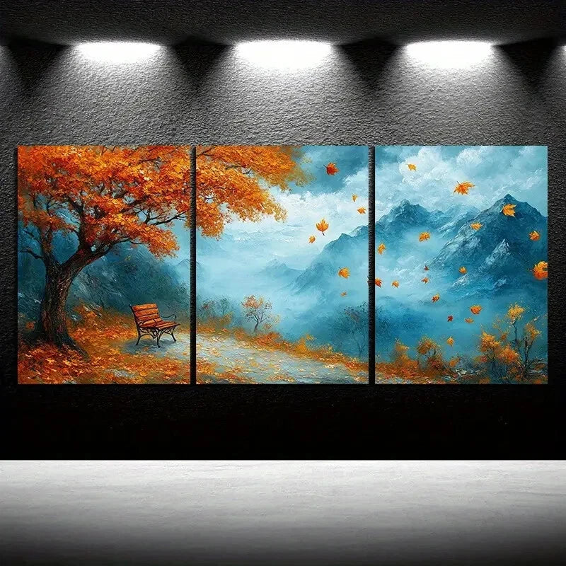 3-Piece Autumn Leaves Mountain Metal Wall Art Set - Ready to Hang Landscape Prints for Living Room, Bedroom & Office Decor