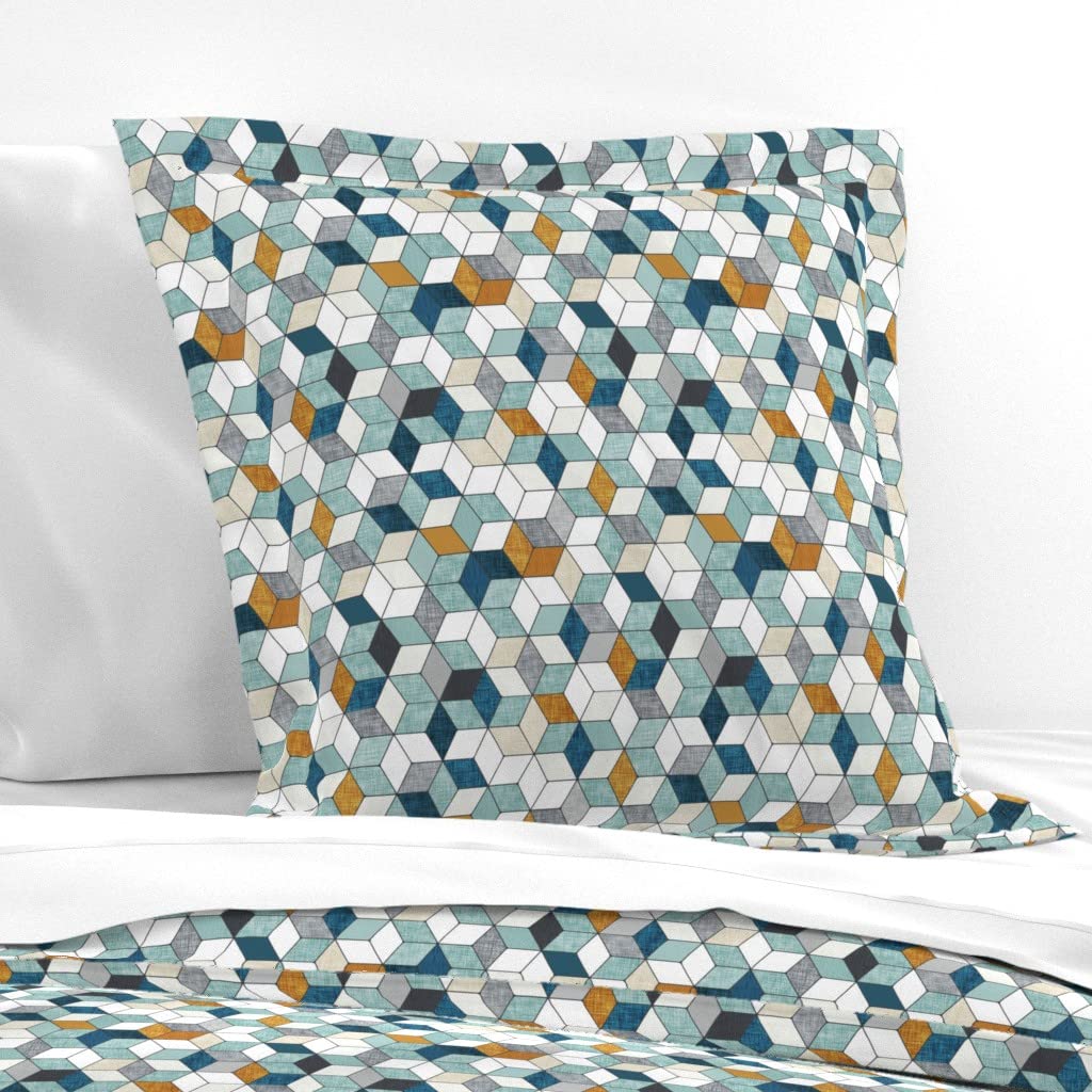 Custom Hexagon Geometric Print Cotton Sateen Euro Sham - Navy Blue, Mint, Mustard Woodgrain Design for Baby Boy Nursery & Kids Bedroom Decor | Flanged Edge Pillow Cover for Crib, Toddler & Twin Beds