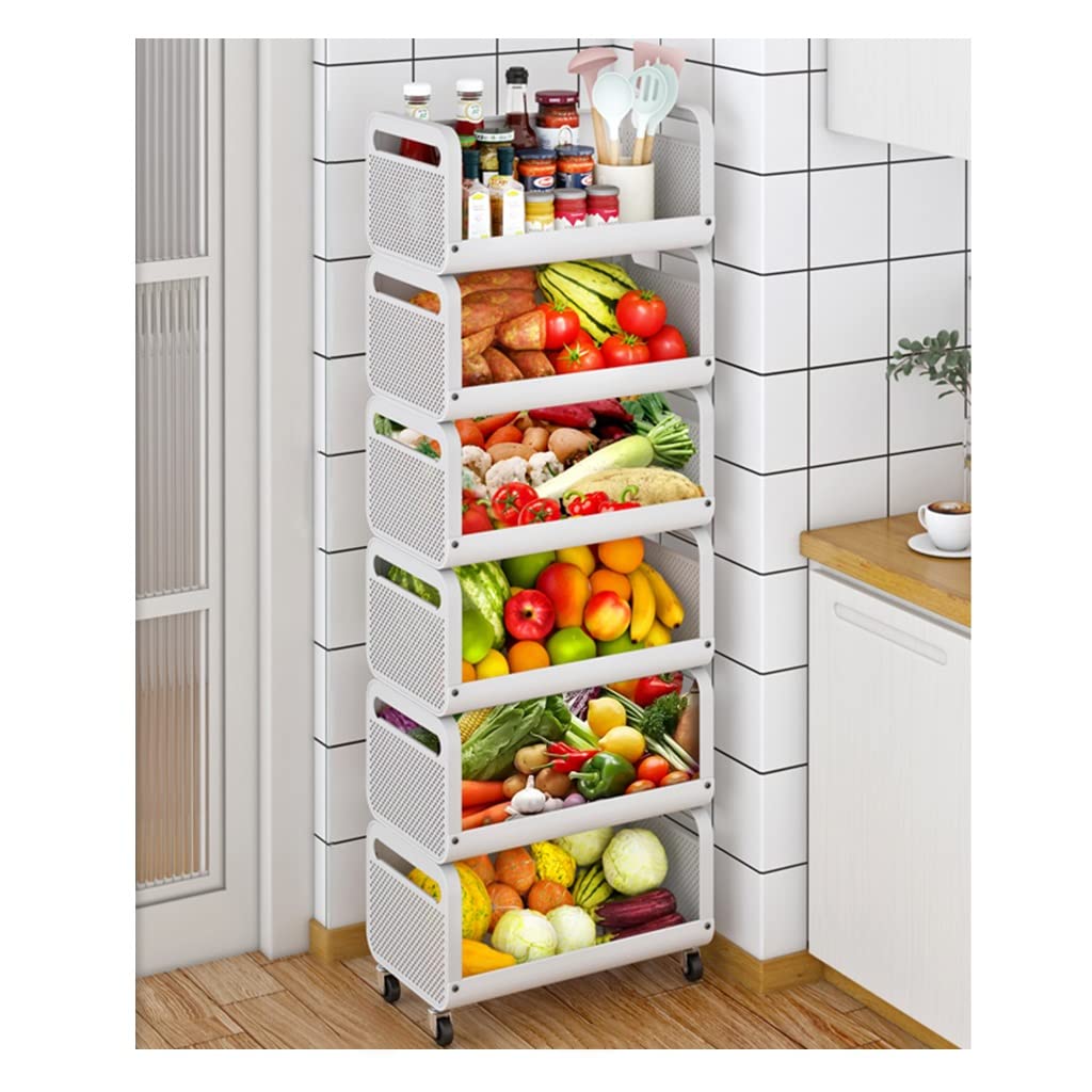 6-Tier Metal Fruit Basket Stand with Lockable Wheels - 4 Wire Baskets for Fruits, Vegetables, Potatoes & Onions - Space-Saving Kitchen Storage Organizer for Pantry, Bathroom or Living Room - Perfect for Fresh Produce Display & Clutter-Free Organization