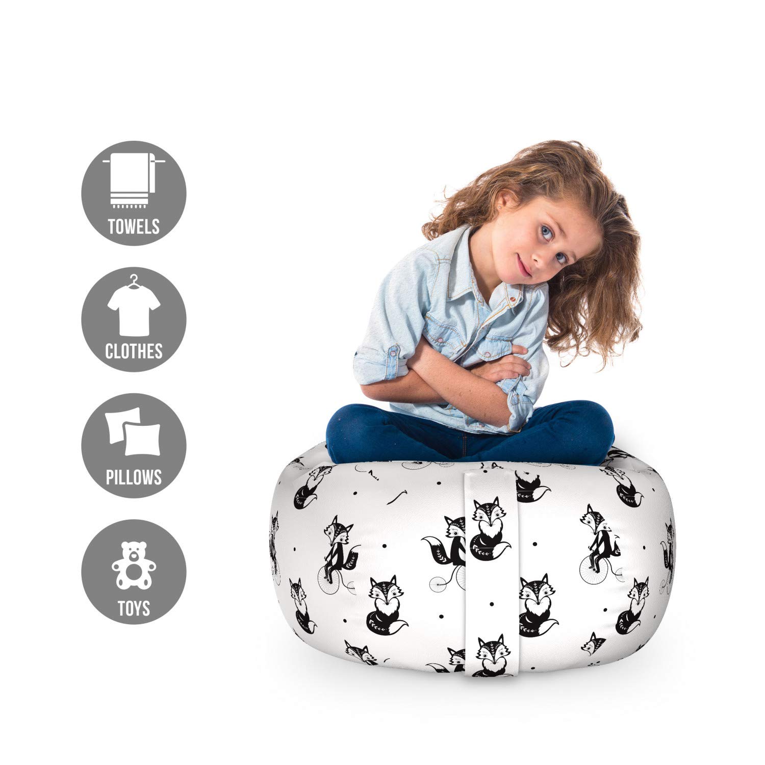 Ambesonne Cartoon Foxes Riding Bicycles Toy Storage Bag Chair - Washable Stuffed Animal Organizer for Playroom, Kids Bedroom & Celebration - Small Size Charcoal Grey White - Perfect for Toy Organization & Playroom Decor