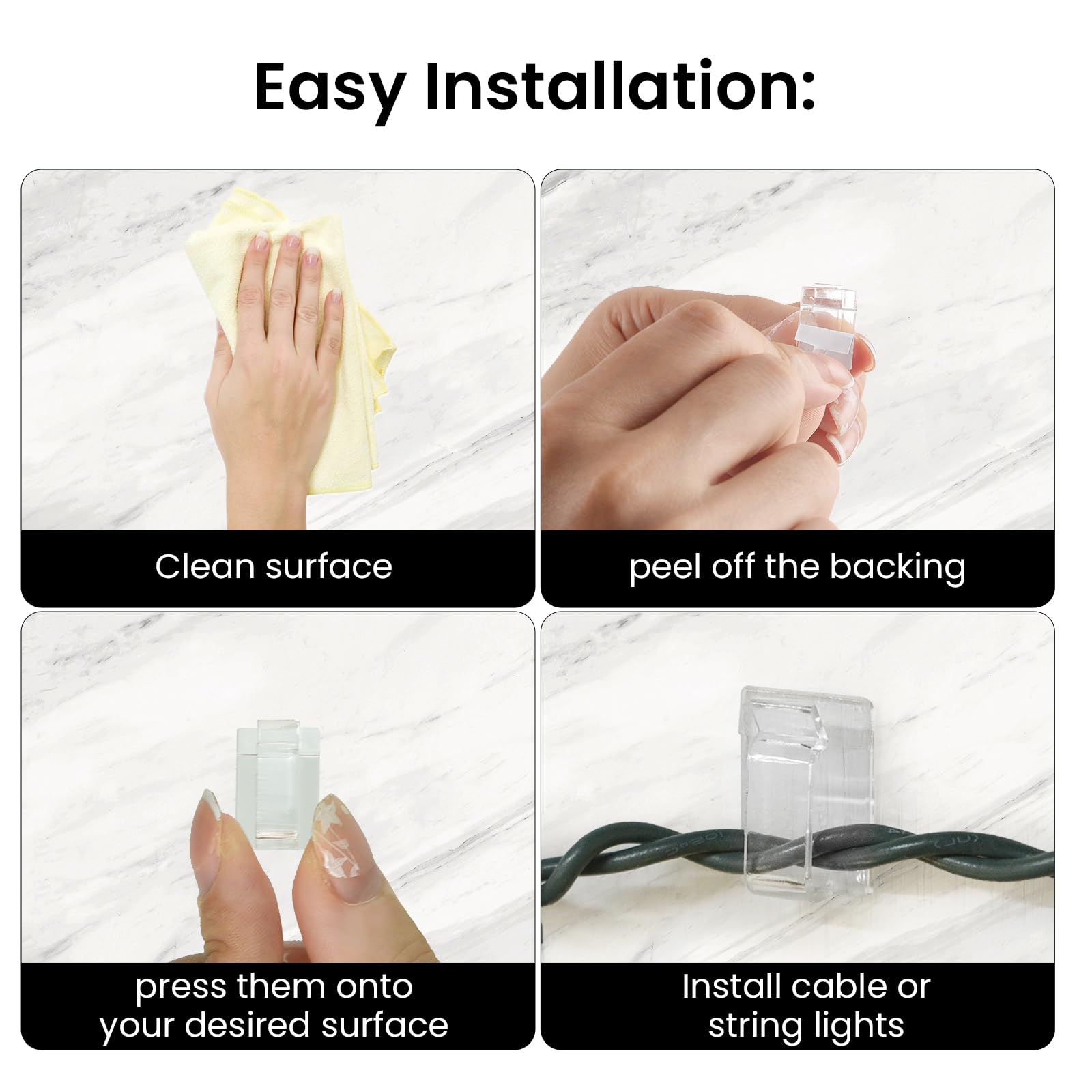 100-Pack Clear Adhesive Hooks for Outdoor String Lights - Heavy Duty Waterproof UV-Resistant Cable Clips - Perfect for Christmas Lights, Rope Organization & Home Decor (Indoor/Outdoor Use)