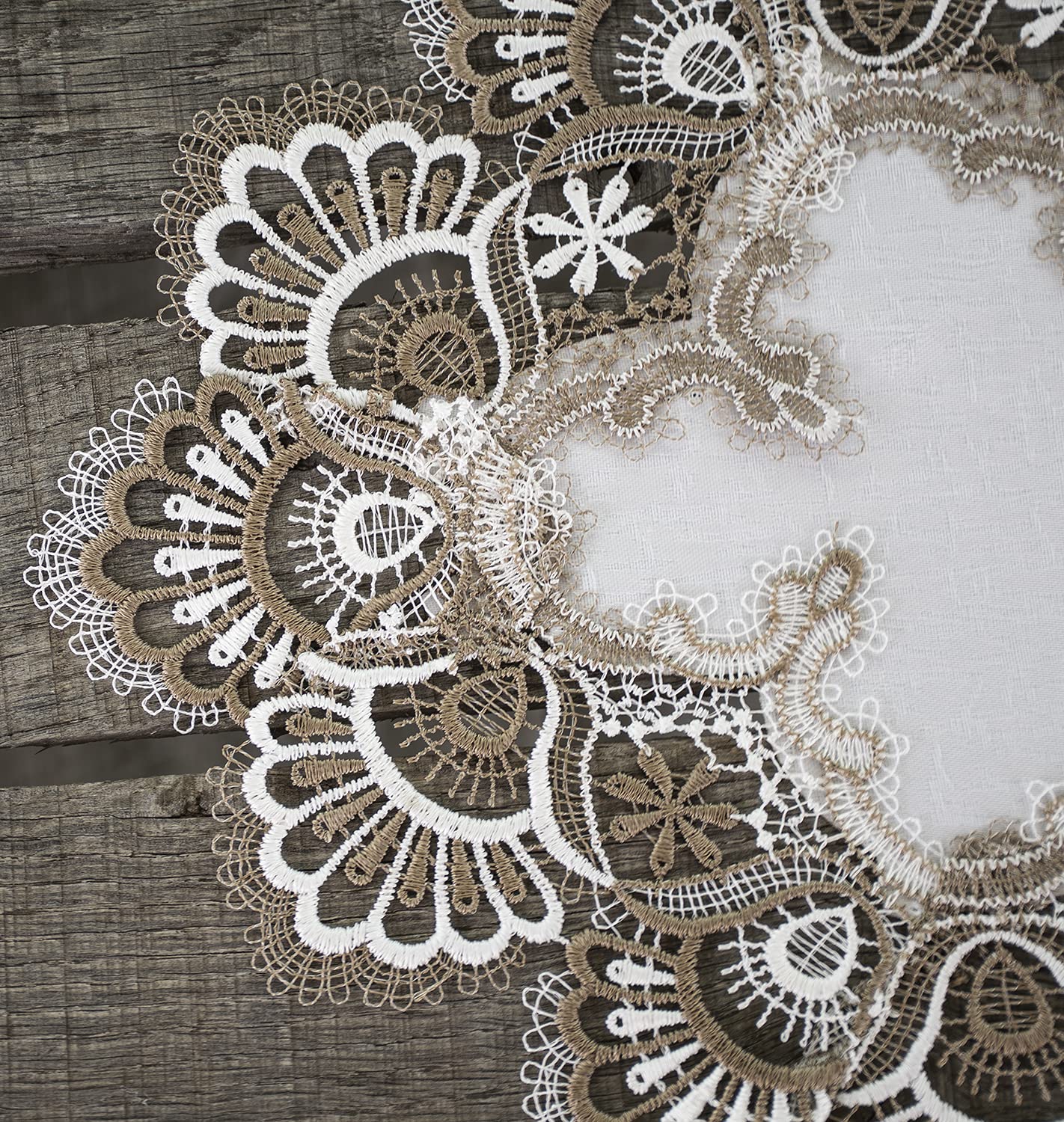 White Cocoa Earth Tones Jacquard Peacock Tail Lace Table Runner - Elegant Dresser Scarf & Coffee Table Decor (14x26 Inches) for Dining Room, Living Room & Wedding Decorations
