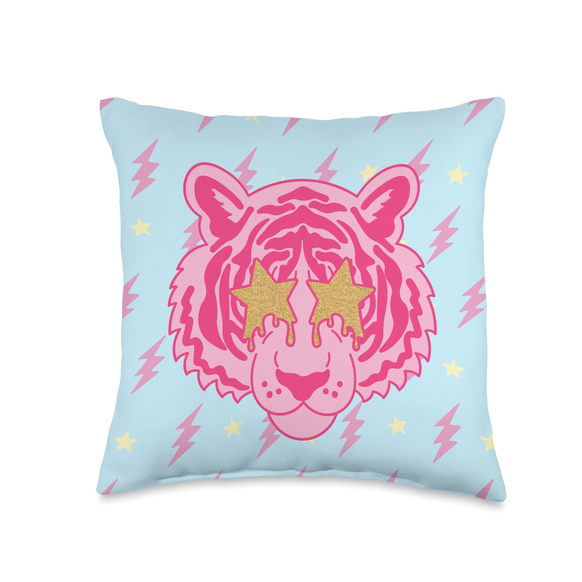 Preppy Tiger Hot Pink Gold Star Lightning Bolt Throw Pillow - Stylish Decorative Cushion for Sofa, Bed, Dorm & Home Decor