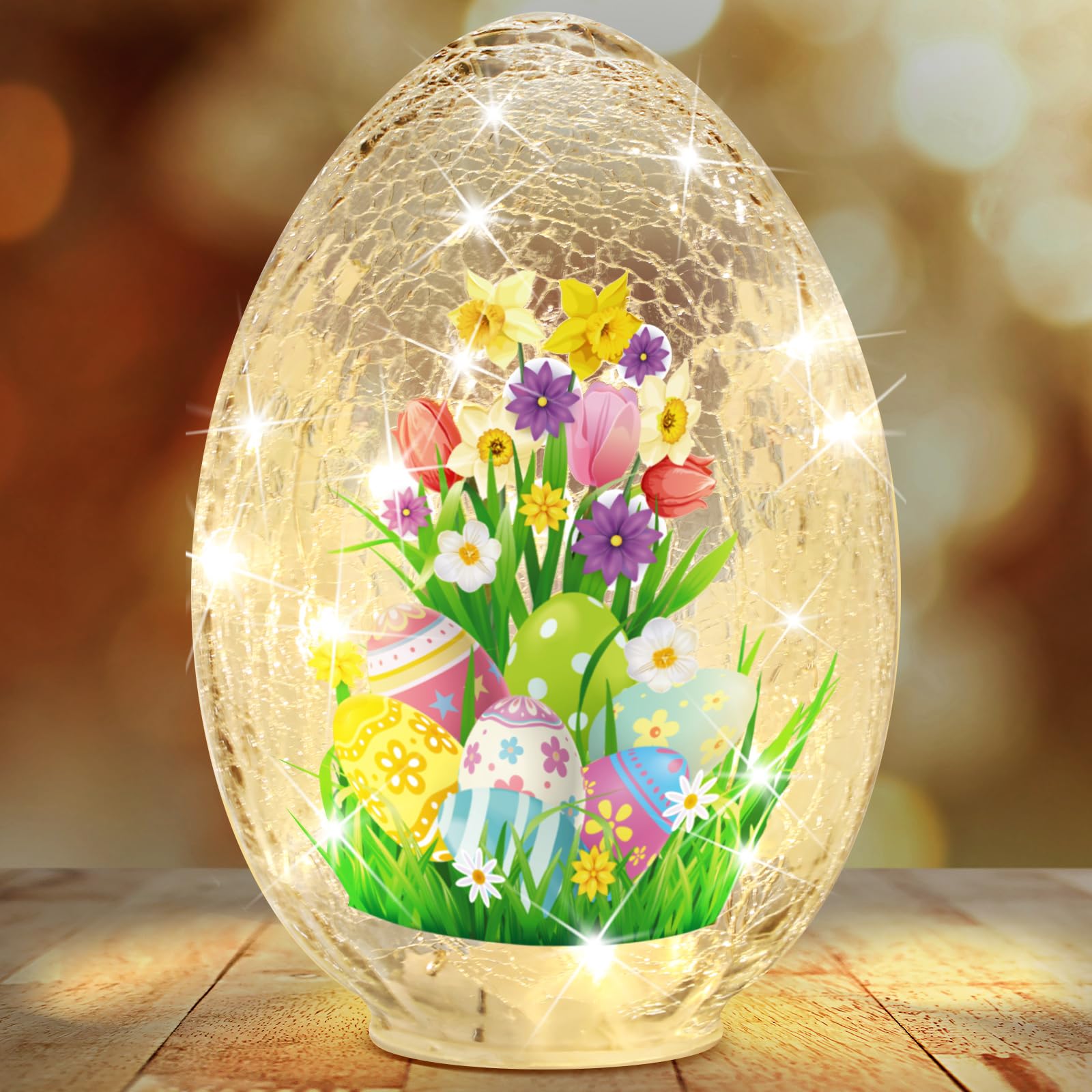 5.75 x 5.25 x 8.25 Inch Crackle Glass Easter Egg Light - Battery Operated Glowing Orb Decor for Home, Party, and Holiday Decorations - Perfect for Easter, Christmas, and Festive Tabletop Display
