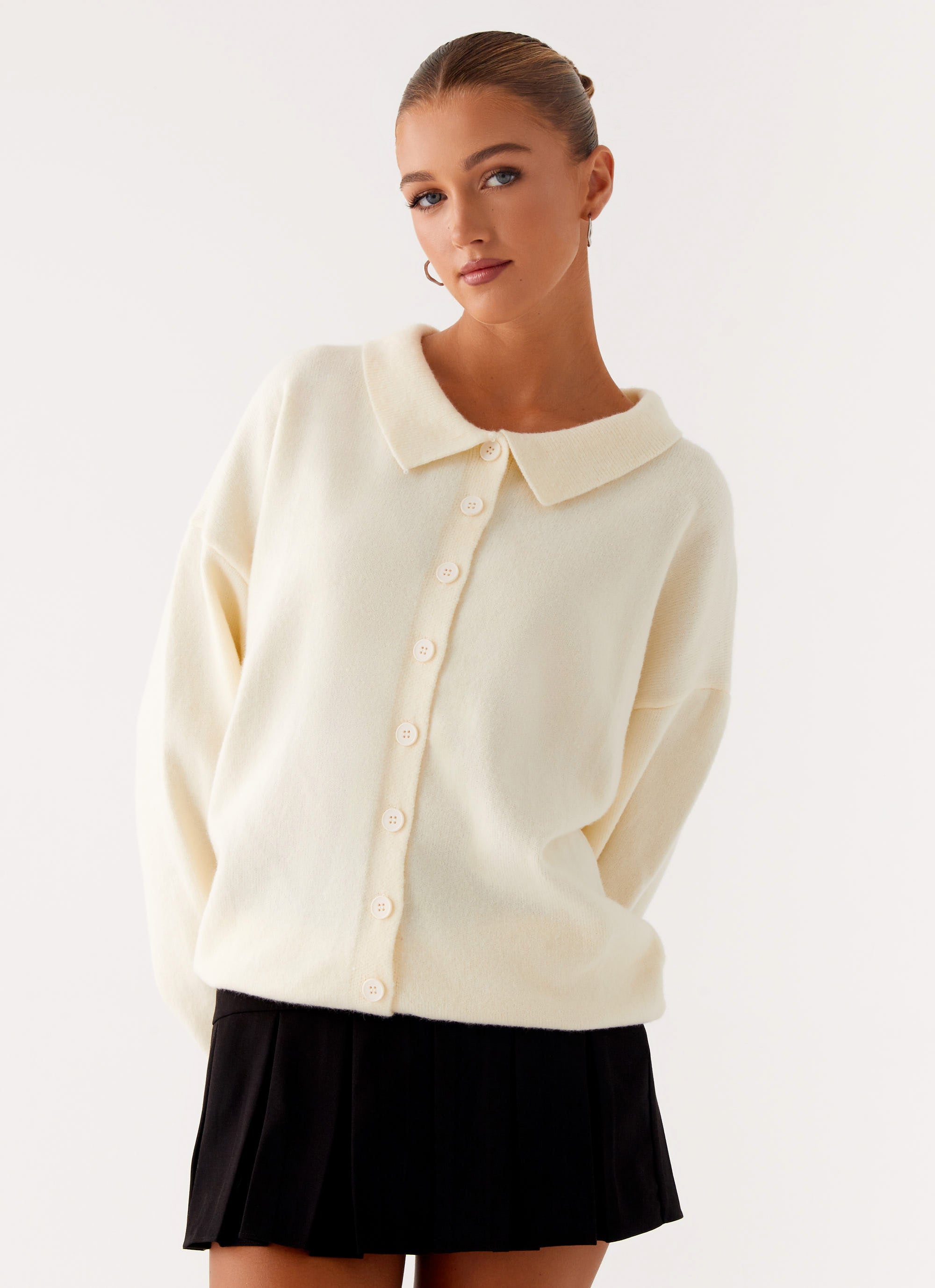 Dorian Button Knit Sweater Women's Ivory Pullover - Cozy Winter Cardigan for Casual Outfits & Office Wear