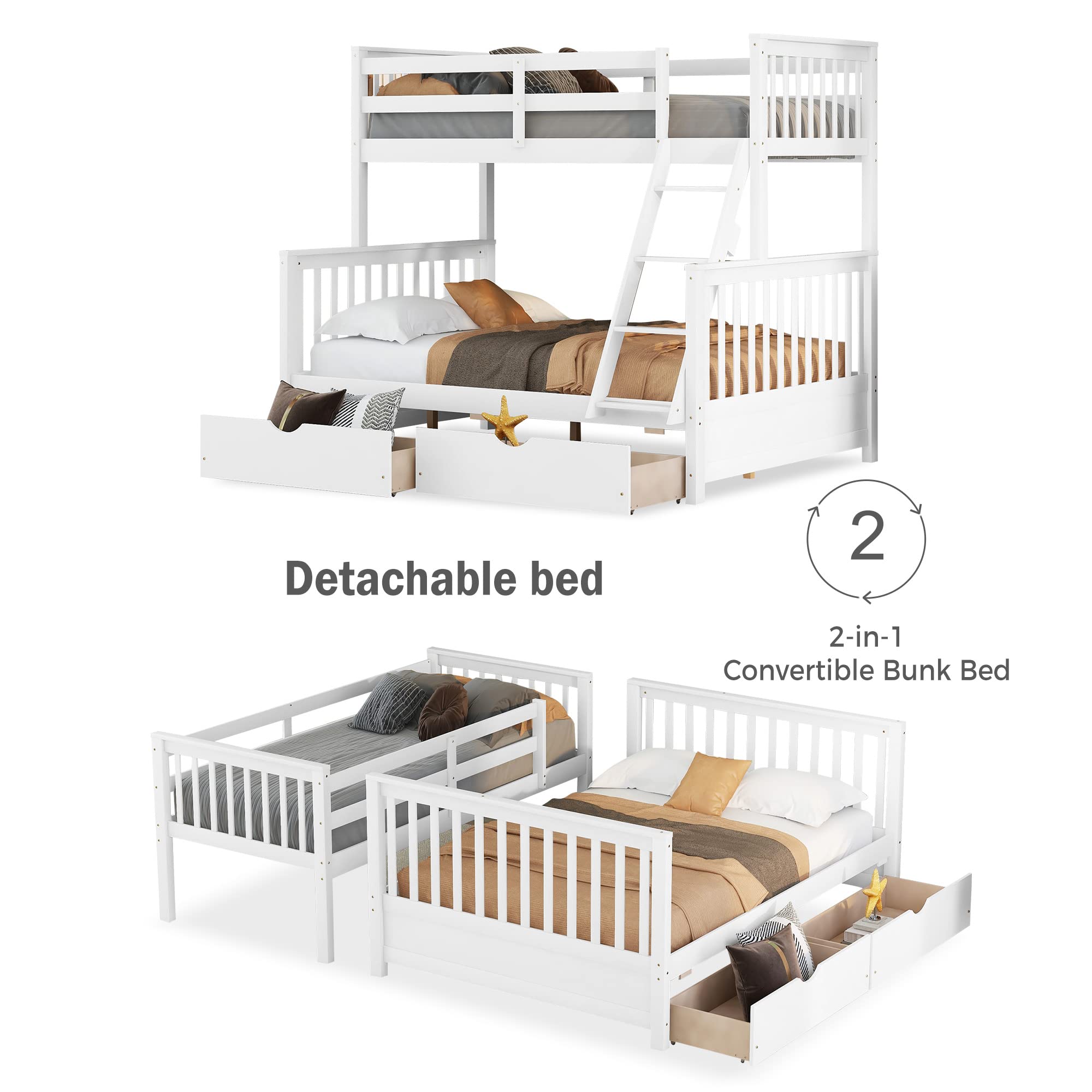 Merax Convertible Wood Bunk Bed with Ladders & Storage Drawers - Twin Over Full Size, Solid White Wood Detachable Frame | Space-Saving Kids Bedroom Furniture for Small Rooms, Guest Rooms & Vacation Homes