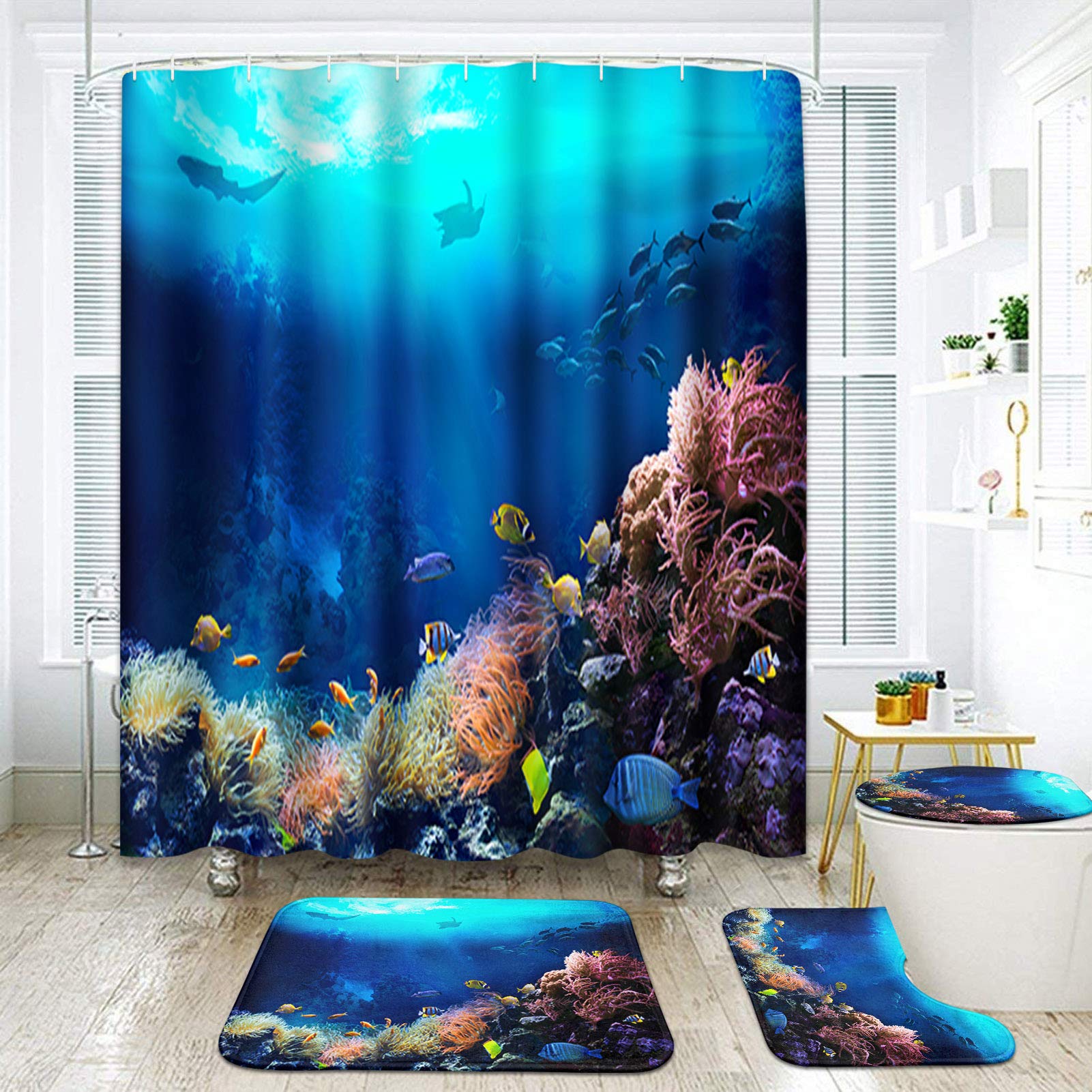 ArtSocket Underwater Coral Reef Bathroom Set - Tropical Ocean Fish Shower Curtain & Non-Slip Rugs 4 Piece Bath Accessories | Marine Aquatic Decor for Beach Themed Bathrooms & Kids' Bathroom Decor