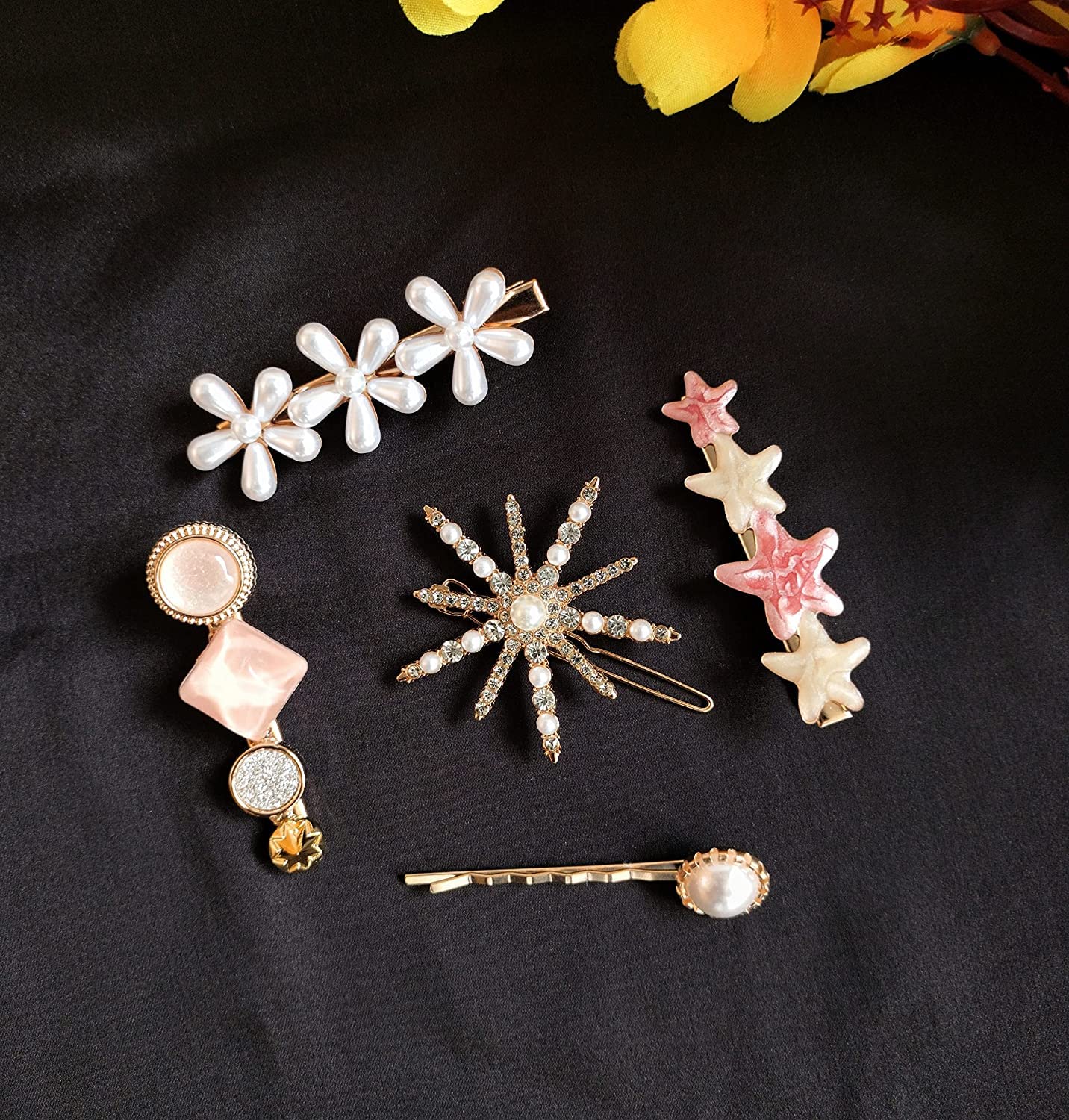 Korean Style Pearl Metal Hair Clips for Women & Girls - 5+2 Free Plastic Pearl Barrettes Hairpins (Pink) | Perfect for Weddings, Parties & Everyday Styling