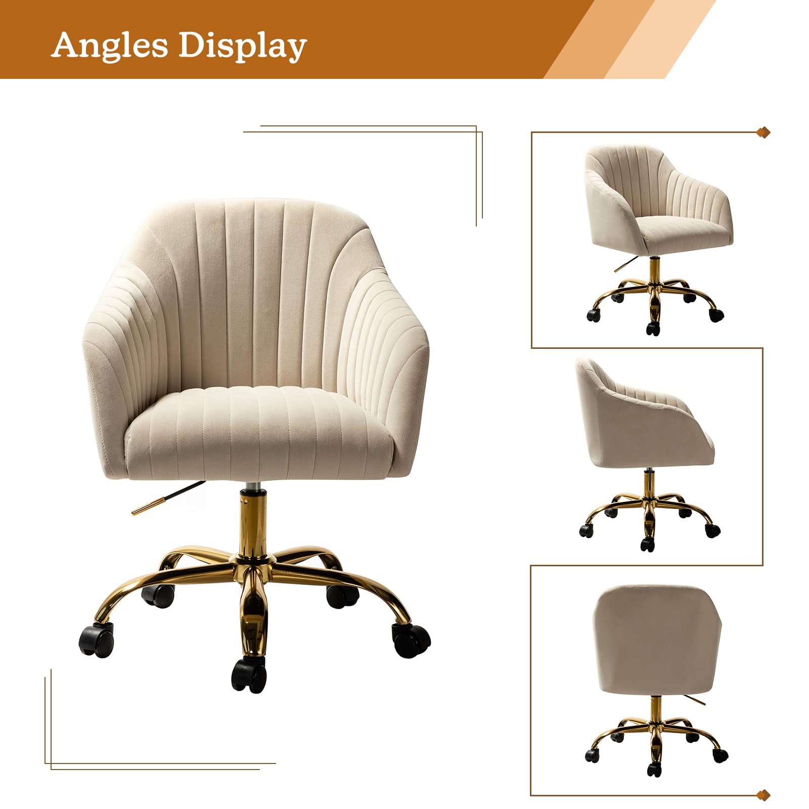 HULALA HOME Velvet Home Office Desk Chair - Modern Cute Computer Task Chair with Wheels, Swivel & Height Adjustable - Upholstered Vanity Chair for Women & Girls (Gold Base, Tan) - Perfect for Home Office, Gaming Setup, Study Room & Makeup Vanity