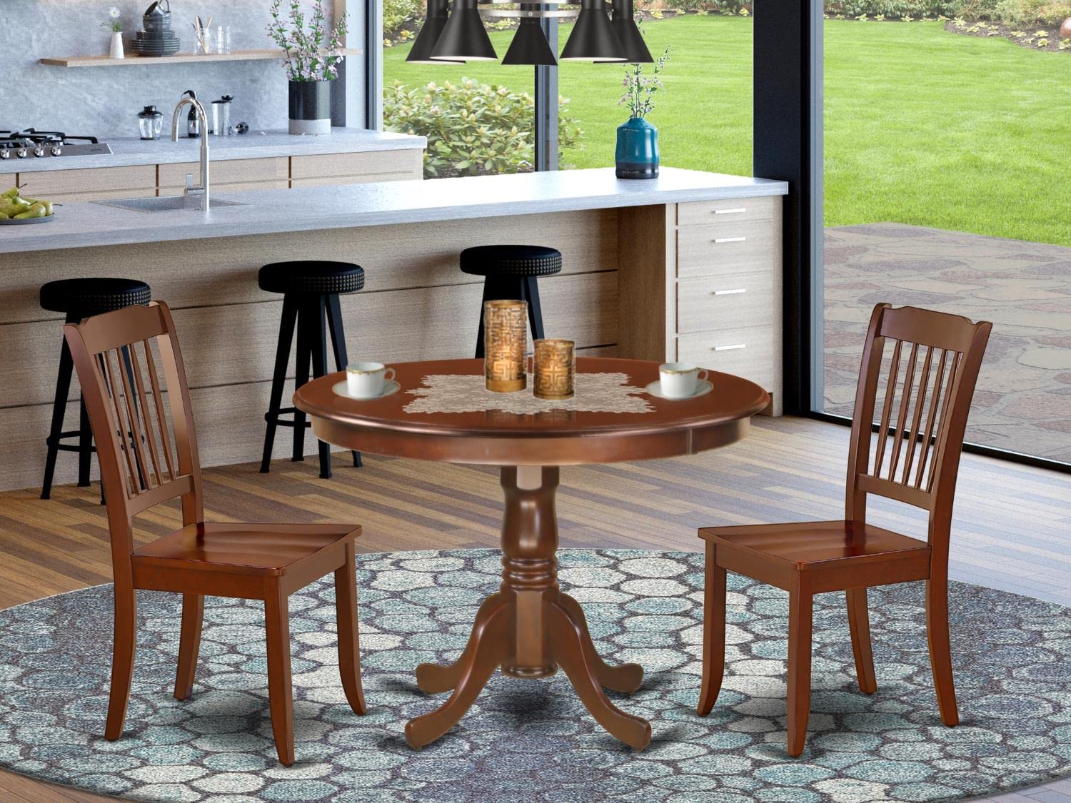 East West Furniture HLDA3-MAH-W 3-Piece Round Kitchen Table Set with Pedestal Base & 2 Dining Chairs - 42x42 Inch Mahogany Small Space Dining Set - Perfect for Apartments, Breakfast Nooks & Cozy Kitchens