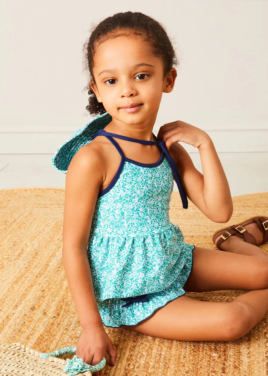 Adelaide Floral Print Bow Detail Two-Piece Swimsuit for Girls (2-10 Years) | Green Bathing Suit for Beach, Pool & Summer Vacation