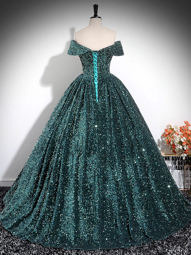 Elegant A-Line Off Shoulder Velvet Sequin Green Long Prom Dress for Women - Perfect for Formal Dances, Evening Gala & Special Occasions