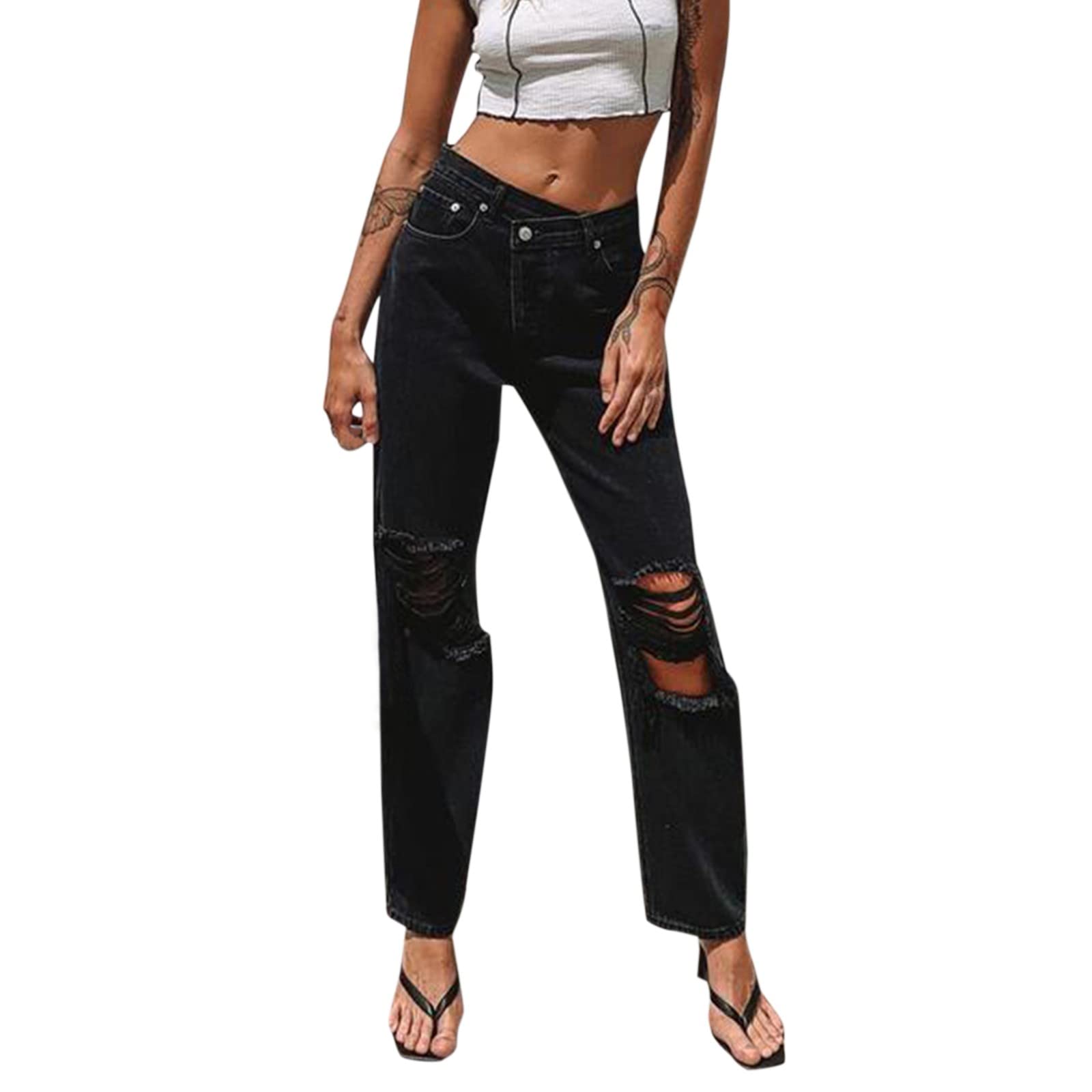 Women's Ripped Jean Shorts - Black Stretch Denim Shorts with Irregular Waist & Straight Pockets | Casual Summer Outfit, Beach Wear, Street Fashion