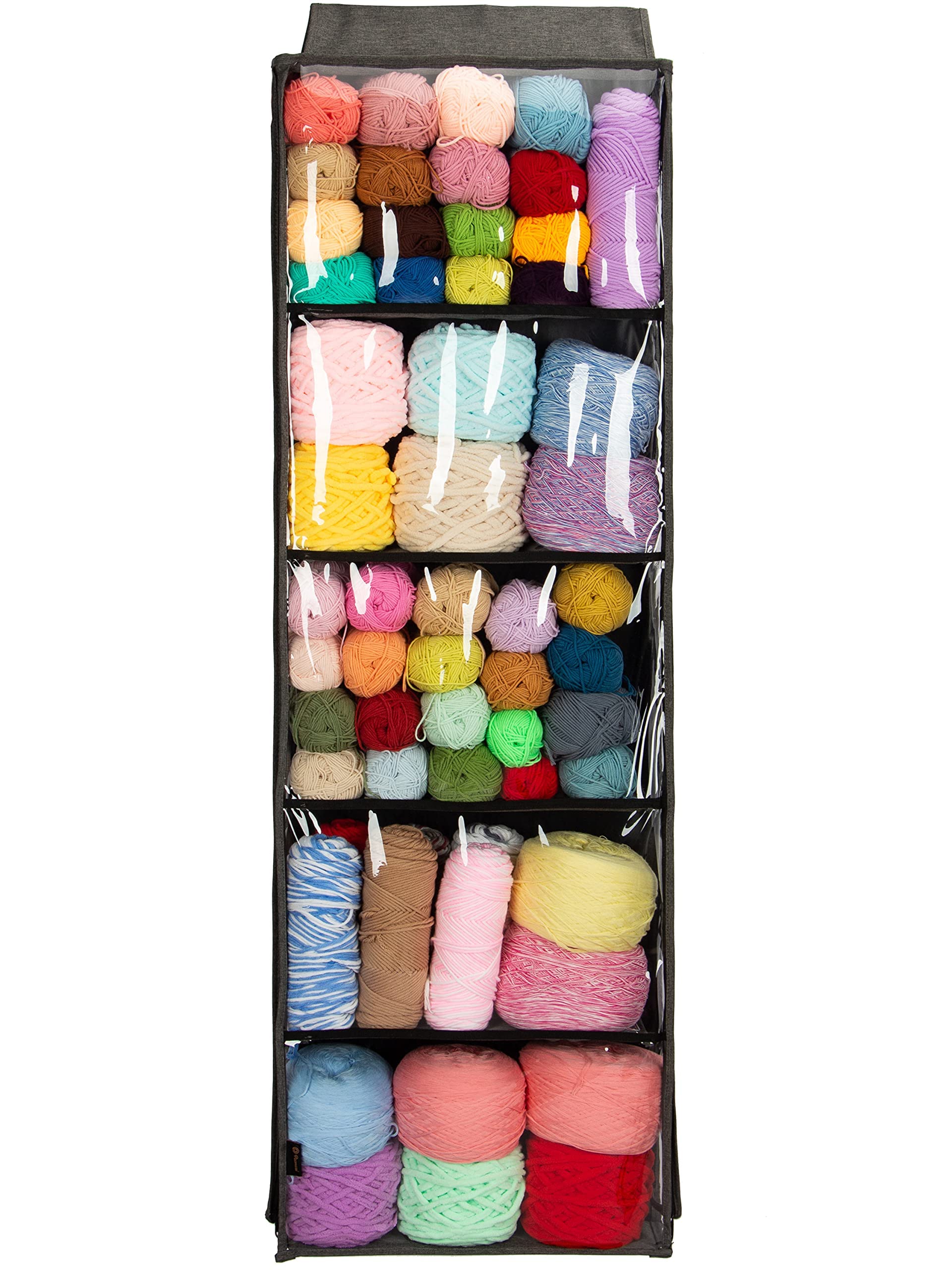 5-Compartment Clear Wall Hanging Yarn Storage Organizer for Knitting Needles & Crochet Hooks - Large Size Dark Grey - Perfect for Craft Rooms, Yarn Shops & Home Organization