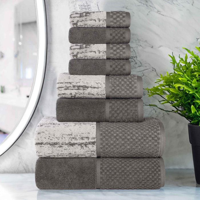 Premium 8-Piece Cotton Plush Jacquard Towel Set - Soft & Absorbent Solid & Two-Toned Bath Towels for Luxury Spa, Bathroom & Guest Use