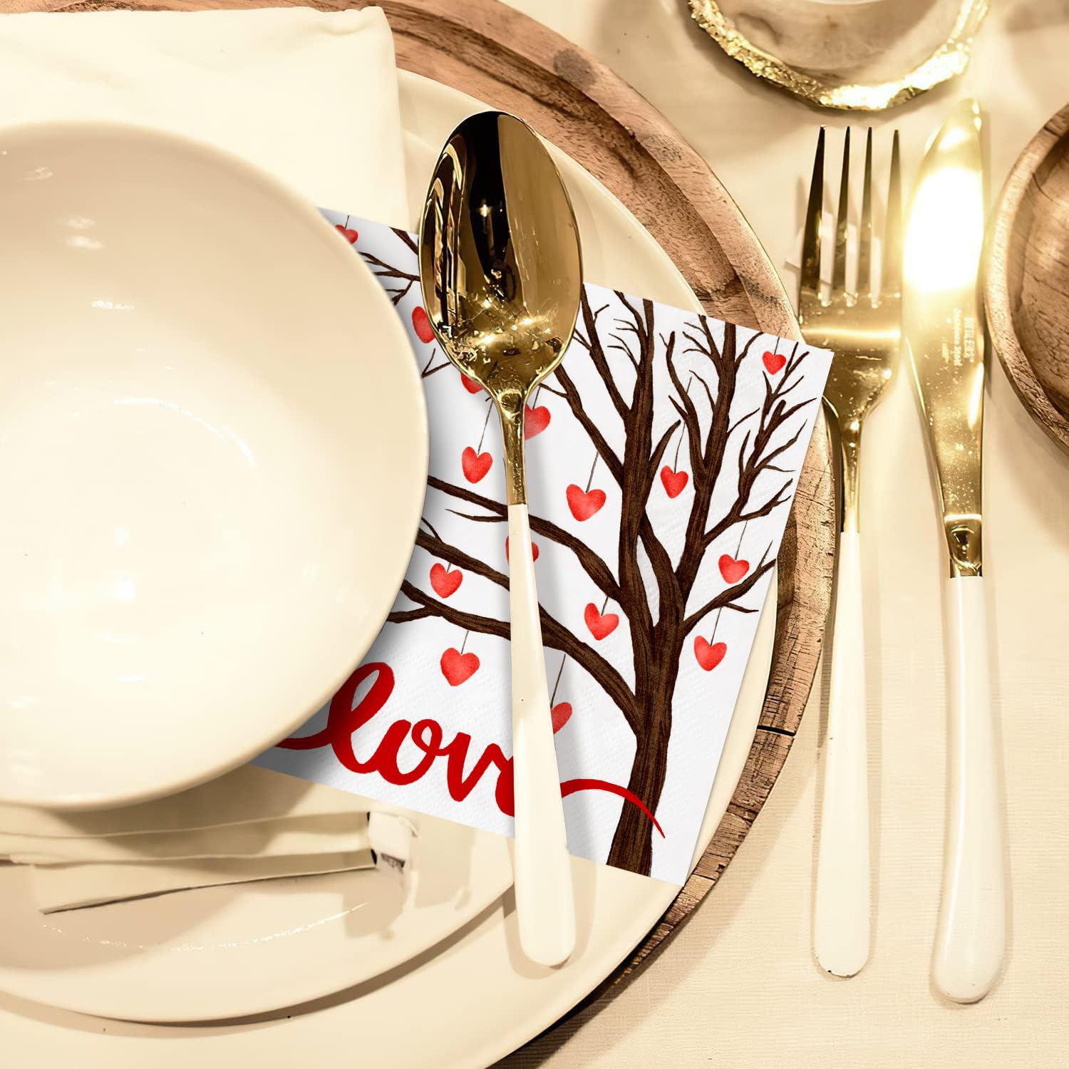 50 Pack Heart Disposable Paper Napkins - Decorative Guest & Beverage Napkins for Valentine's Day, Cocktail Parties, Weddings & Romantic Events - Quera Love Heart Tree Design Party Supplies