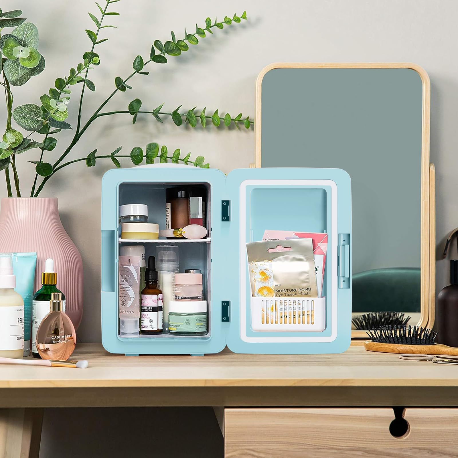 6.2L Mini Skincare Fridge with LED Mirror - Portable Cooler & Warmer for Makeup, Bedroom