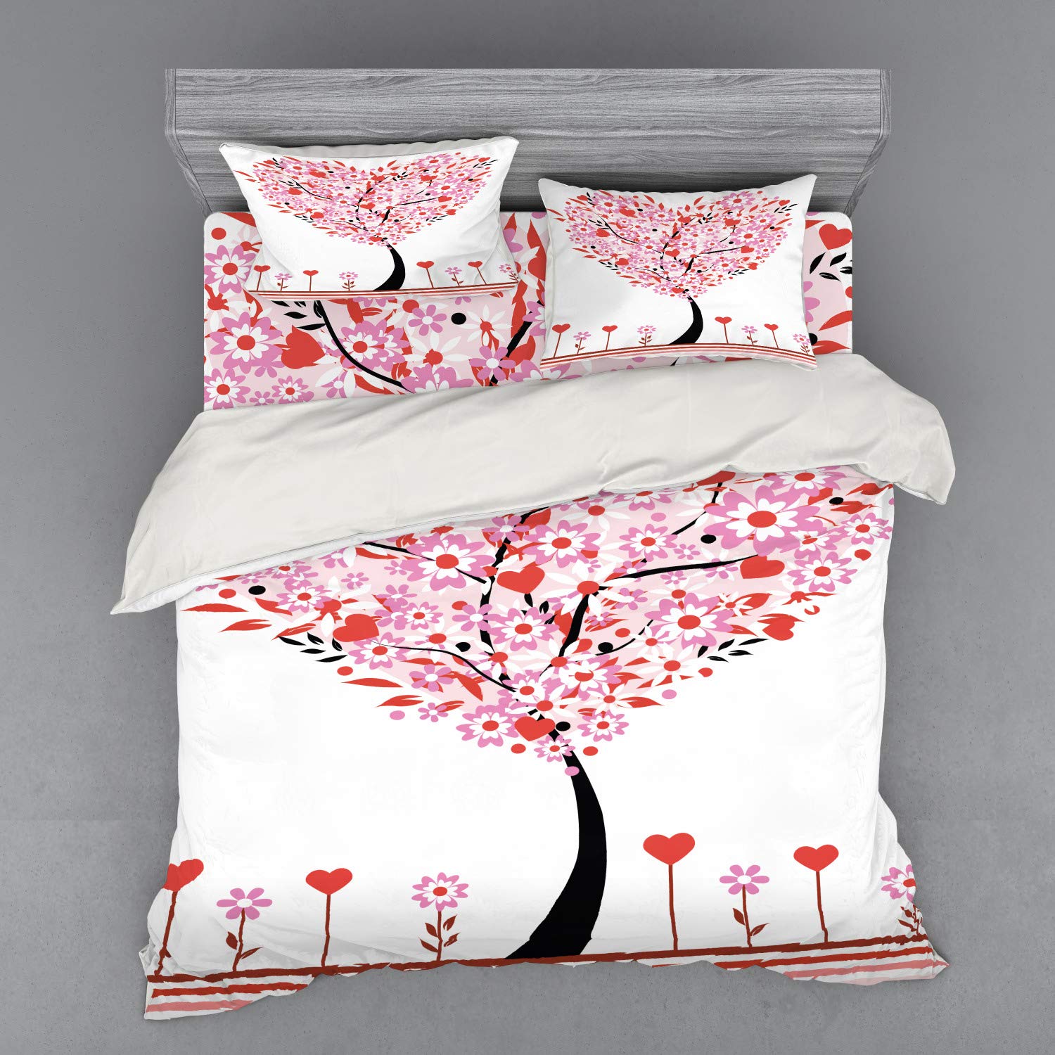 Ambesonne Valentine Bedding Set - 4 Piece King Size Duvet Cover with Shams & Fitted Sheet, Heart Tree Floral Design in Red & Multicolor | Perfect for Romantic Bedrooms, Anniversary Gifts & Cozy Winter Nights