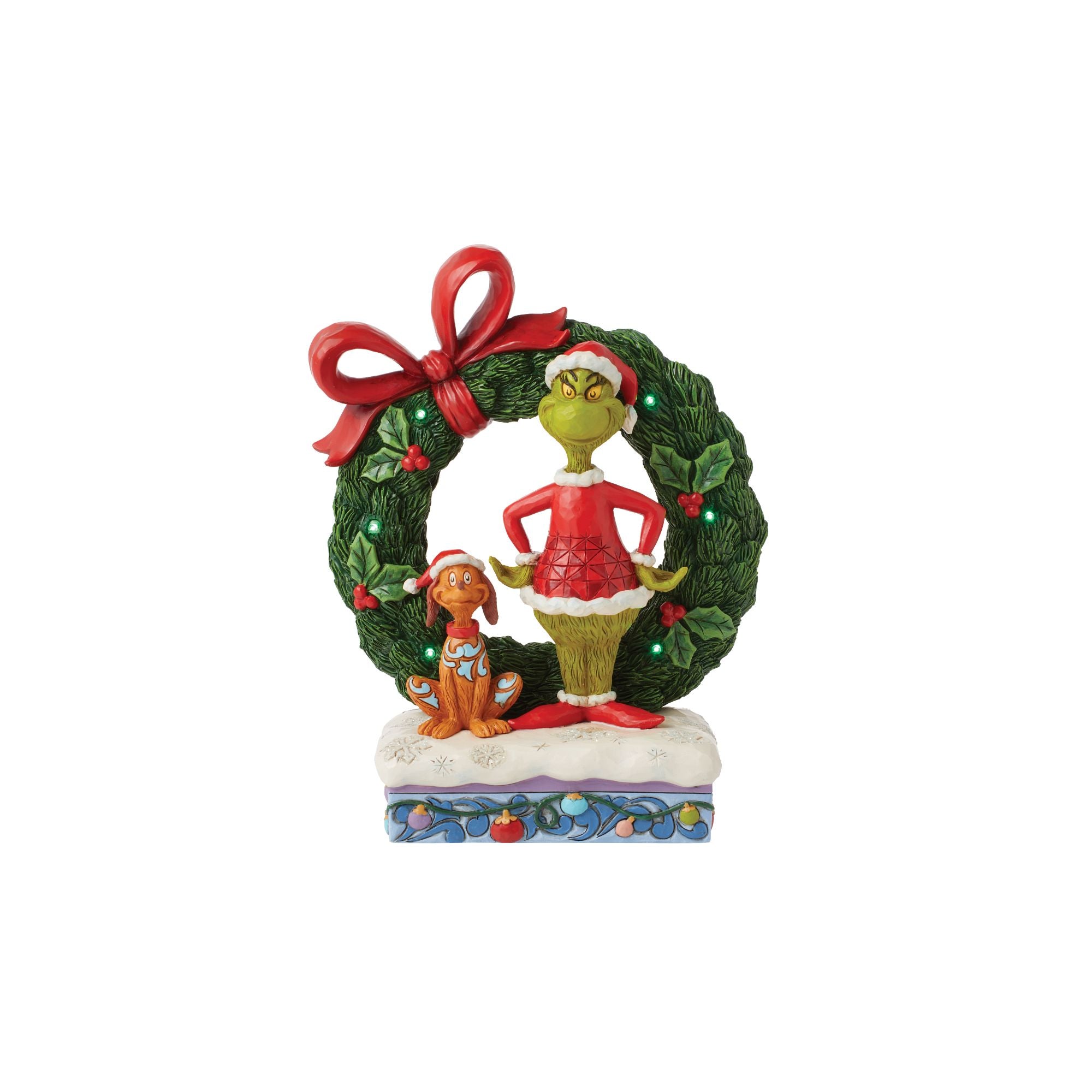 Grinch & Max in Wreath Figurine - Christmas Decor, Holiday Home Decoration, Collectible Gift for Xmas - Perfect for Tree Topper, Mantel Display, and Party Centerpiece