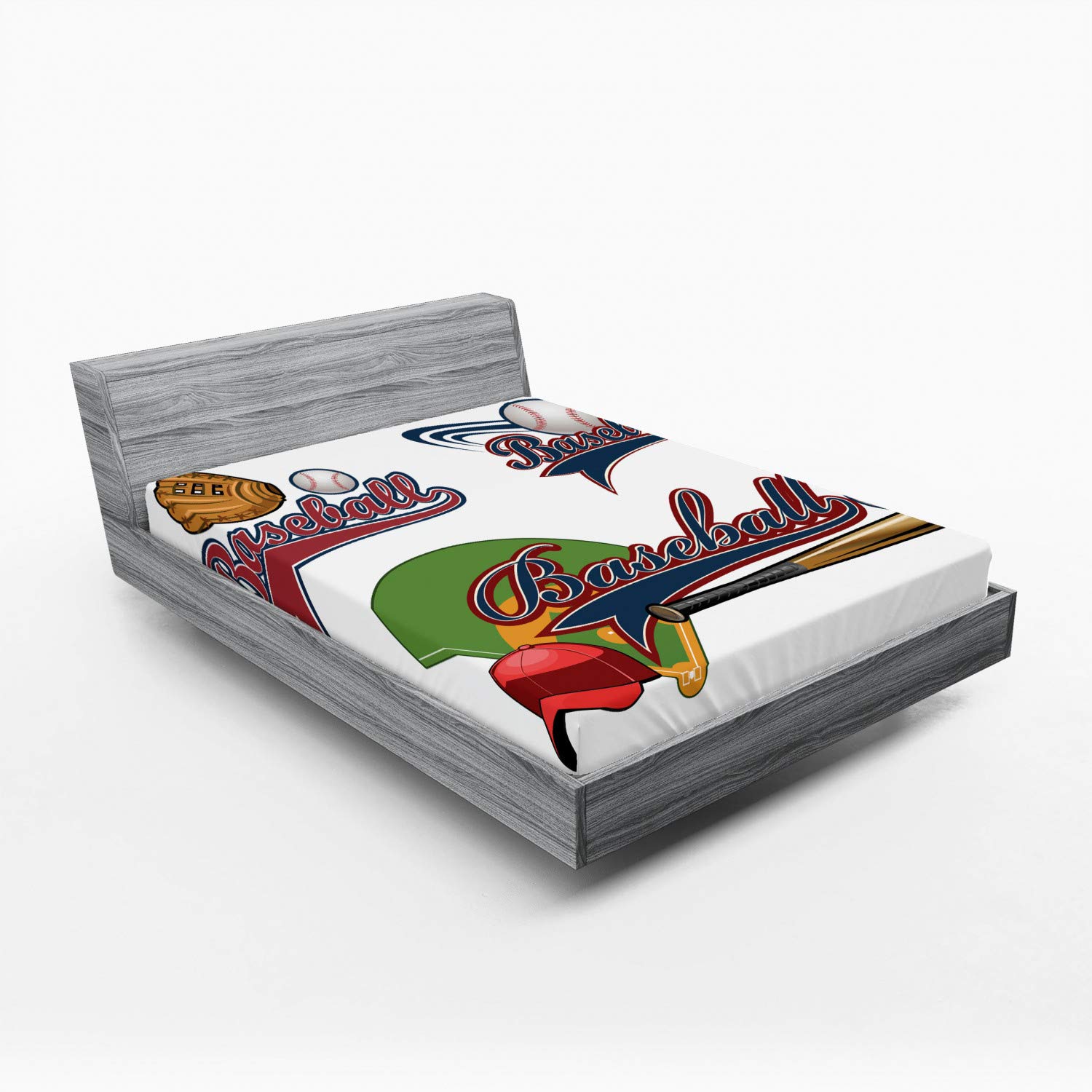 Ambesonne Sports Fitted Sheet - Queen Size Baseball Themed Bedding with Deep Pocket Elastic, Multicolor Design for Team Sports Fans | Perfect for Baseball Enthusiasts' Bedrooms & Sports-Themed Decor