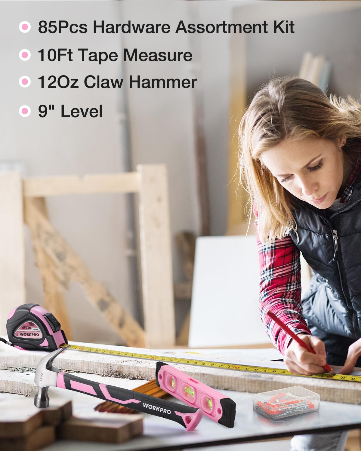 WORKPRO 236-Piece Pink Tool Kit with Carrying Pouch - Household & DIY Tool Set for Women, Home Maintenance, Repairs - Perfect for Gifts, Crafting, and Small Projects