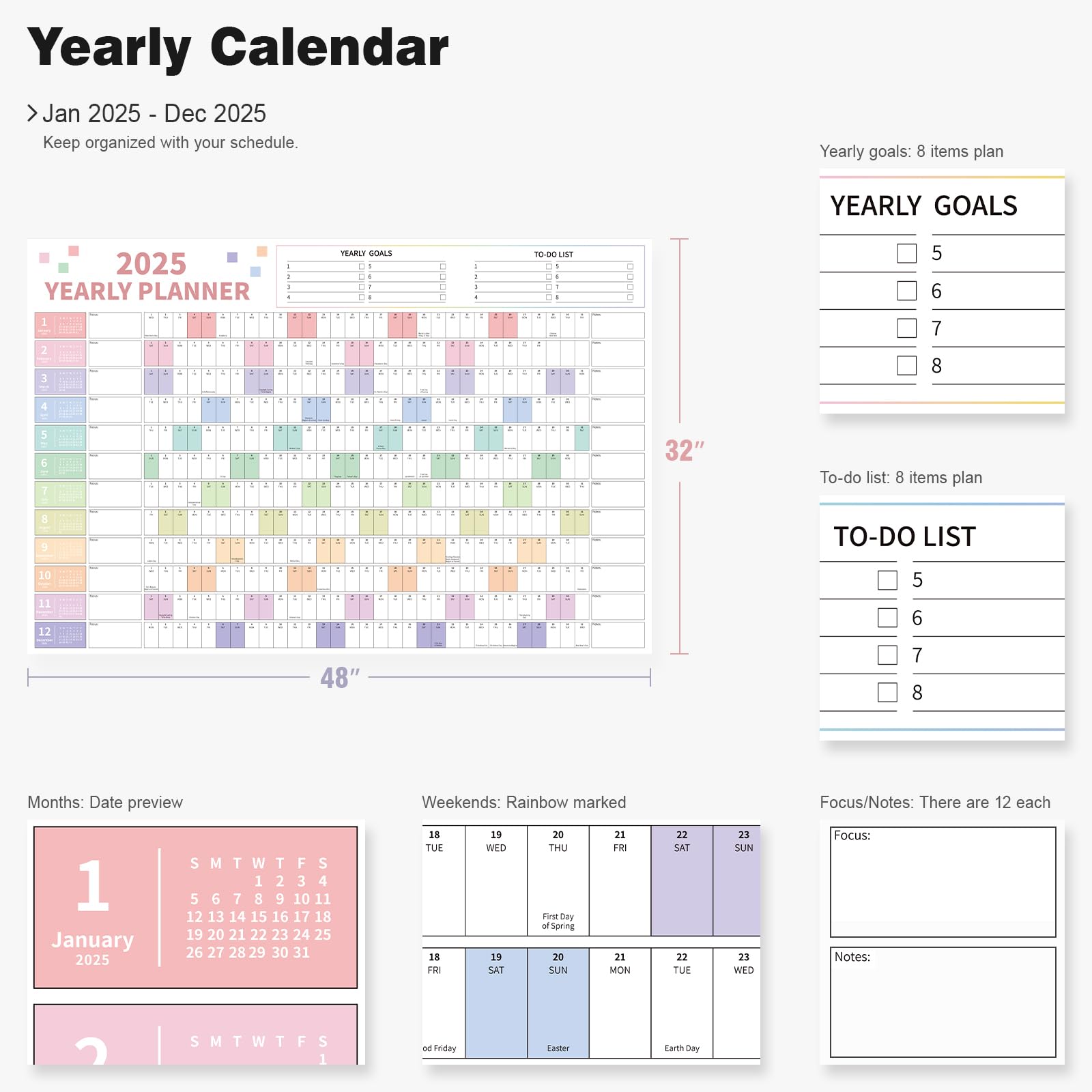 Ospelelf 2025 Large Dry Erase Wall Calendar - 32'' x 48'' Laminated Yearly Planner (Jan-Dec 2025, Multicolor) - Perfect for Family Schedules, Office Planning & Classroom Organization