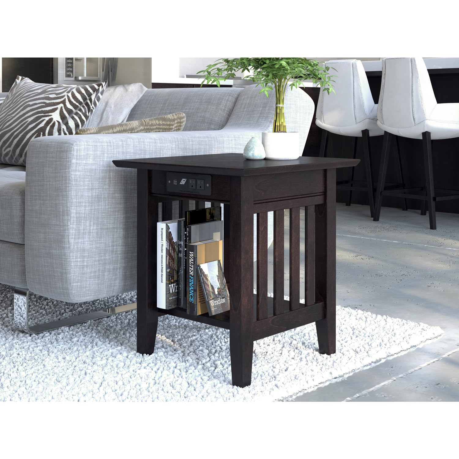 AFI Mission End Table with Charging Station - Espresso Finish Nightstand with USB Ports for Bedroom, Living Room, or Office - Modern Side Table with Built-in Power Outlets