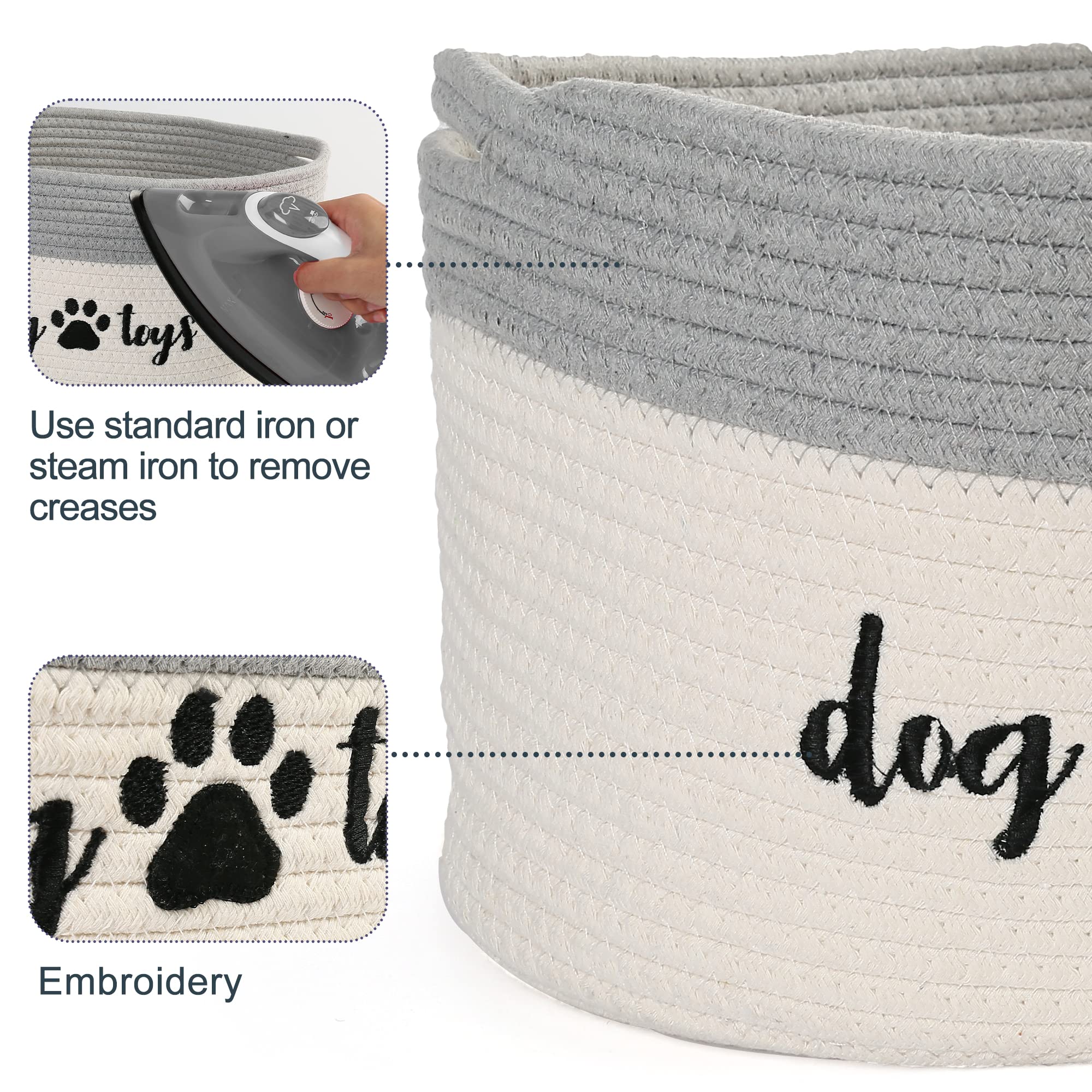 PrimePets Cotton Rope Dog Toy Basket - Small Woven Storage Bin with Handles for Dog Toys (15x10x9 inches) - White and Grey Pet Organizer for Living Room, Bedroom & Pet Play Areas