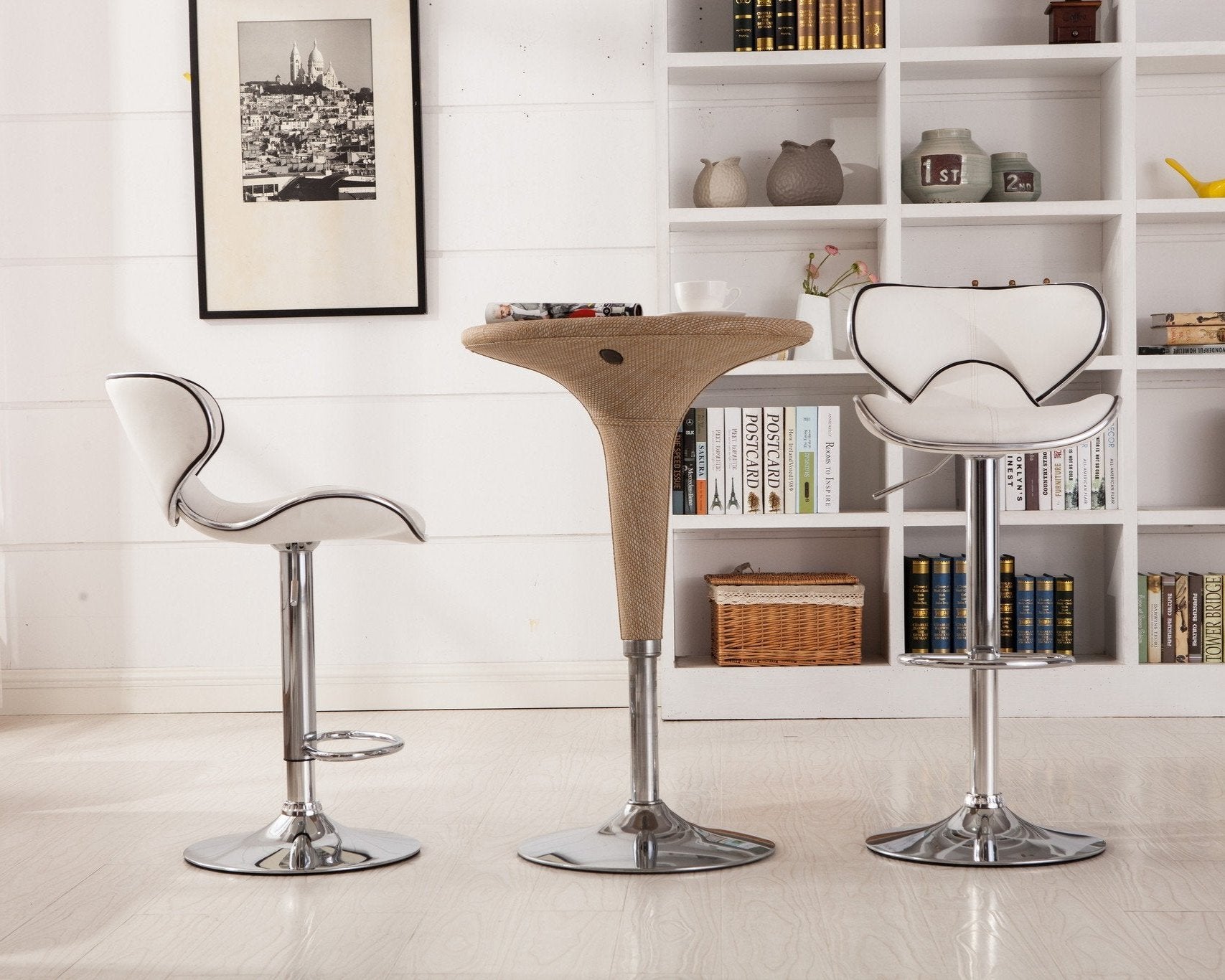 Roundhill Furniture Masaccio Faux Leather Adjustable Swivel Bar Stools - Set of 2, White - Perfect for Kitchen Islands, Home Bars & Modern Dining Areas