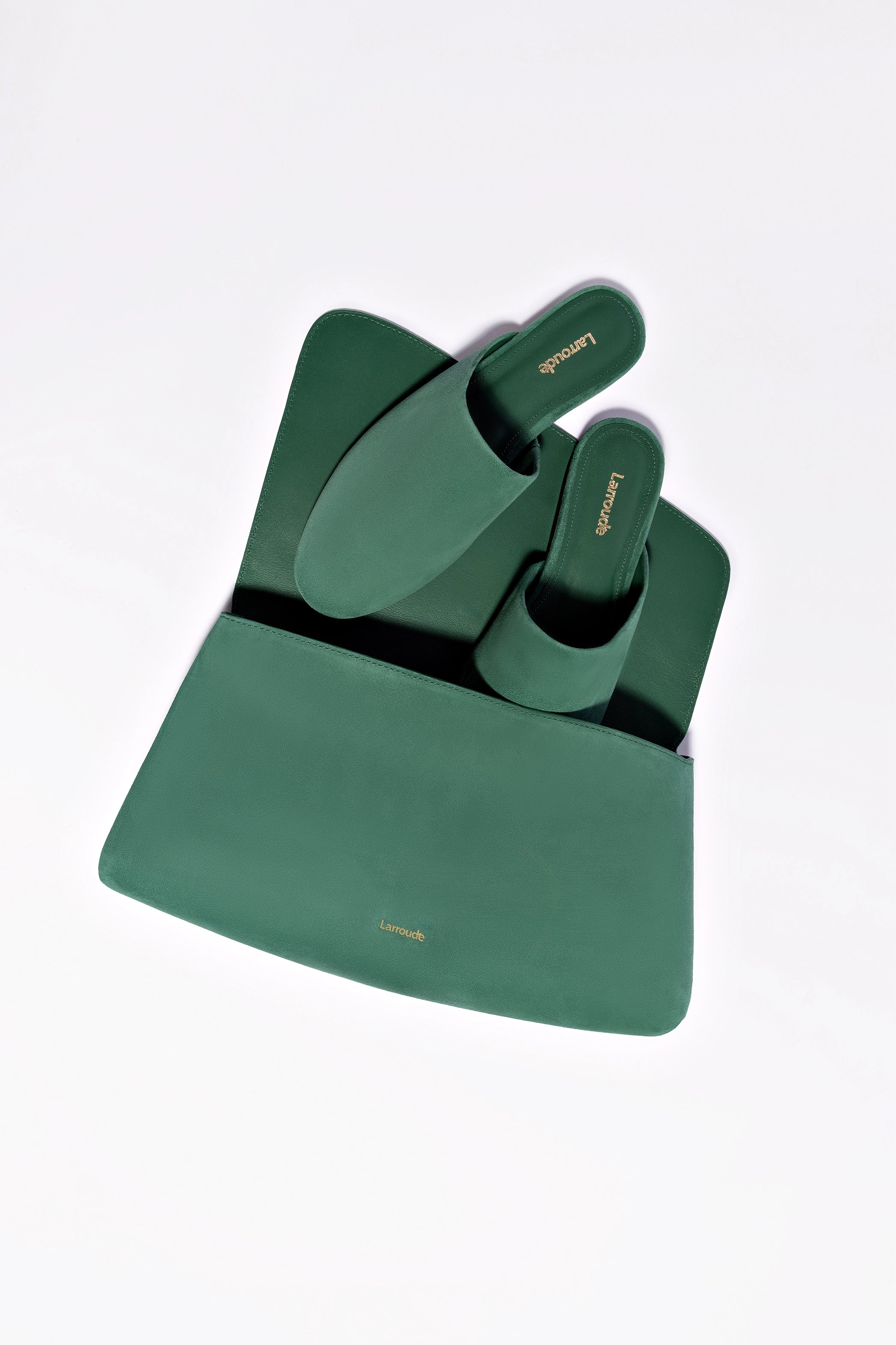 Venice Flat Mule Slides with Pouch Set - Women's Comfortable Suede House Slippers in Emerald Green | Perfect for Home, Spa, and Indoor Relaxation