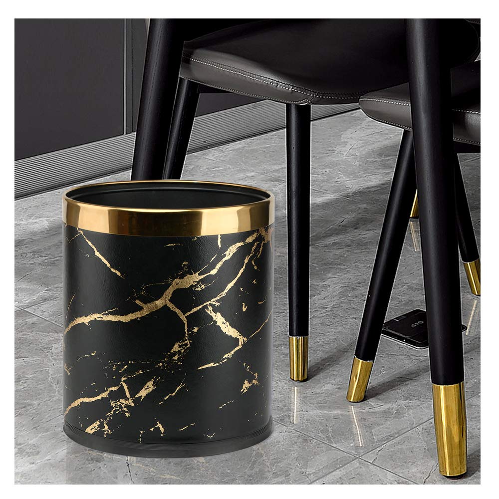 2.6 Gallon Small Office Trash Can with Lid - Black Gold Marble Bathroom & Bedroom Waste Basket - Invisible Garbage Bin for Living Room, Kitchen, Dorm - Odor Control & Space Saving Design