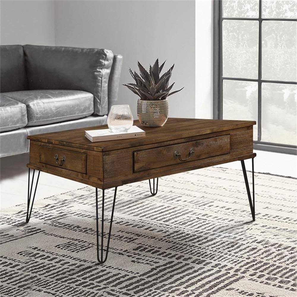 Rustic Oak and Black Lexicon Shaffner Wood 2-Drawer Square Coffee Table - Perfect for Living Room, Lounge, or Office Decor