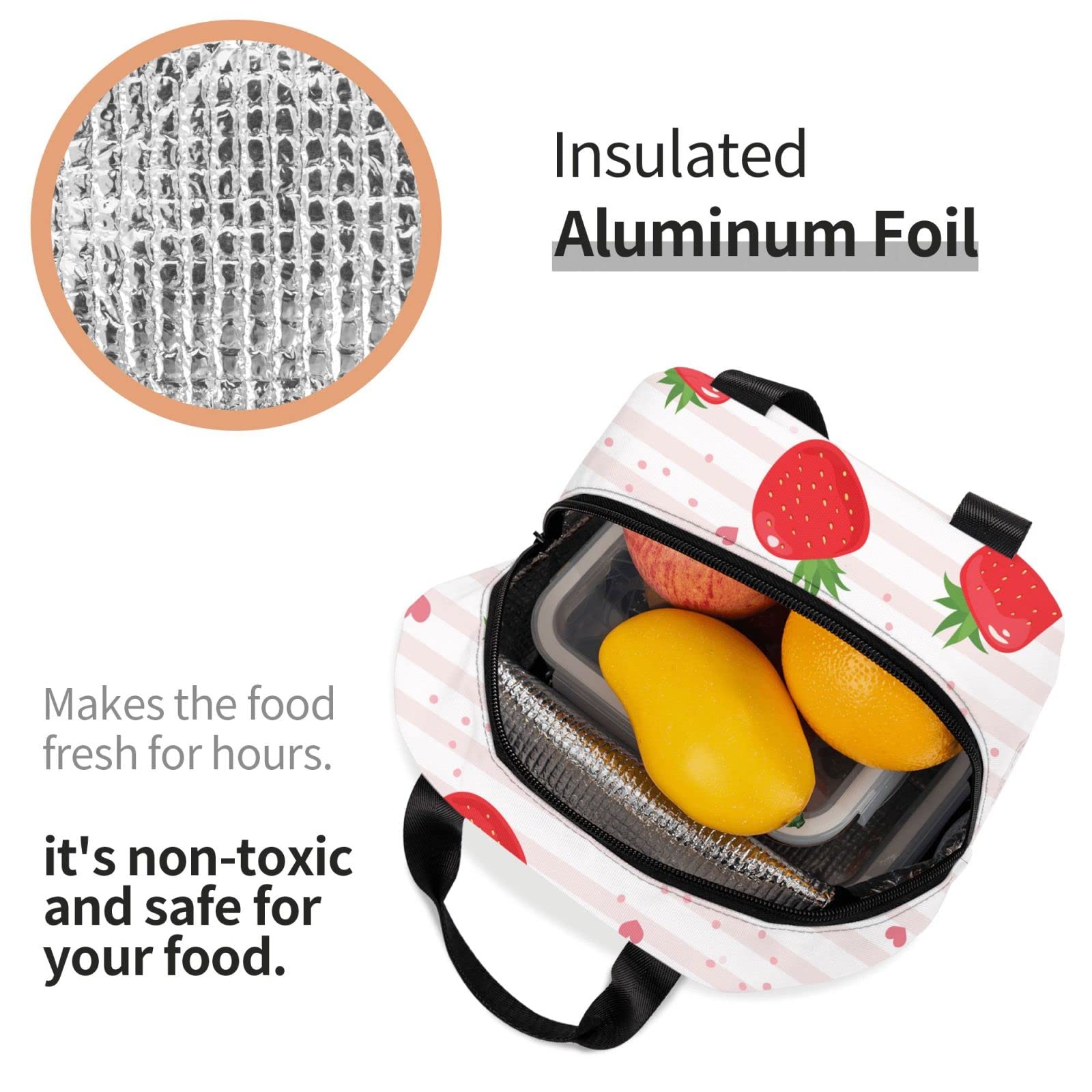Strawberry Heart Insulated Lunch Bag - Reusable Bento Box & Cooler Tote for Work, Picnic, School - Cute Eco-Friendly Food Container for Women & Men - Perfect for Office, Outdoor, and Shopping