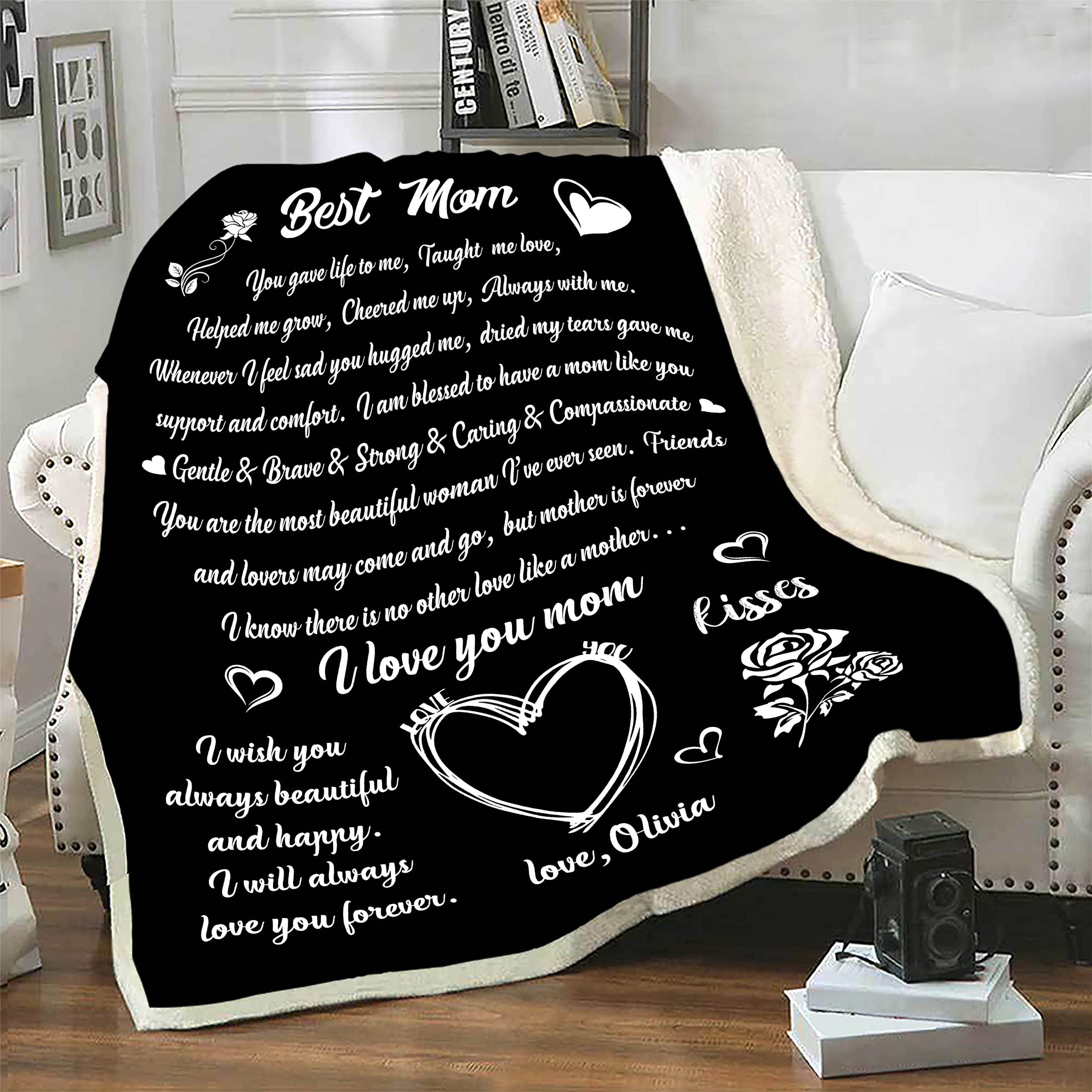 Personalized Mom Blanket - Custom Name Fleece or Sherpa Throw - Best Mother's Day, Birthday & Christmas Gift from Daughter/Son - USA Made Cozy Blanket for Cuddling, Home Decor & Special Occasions