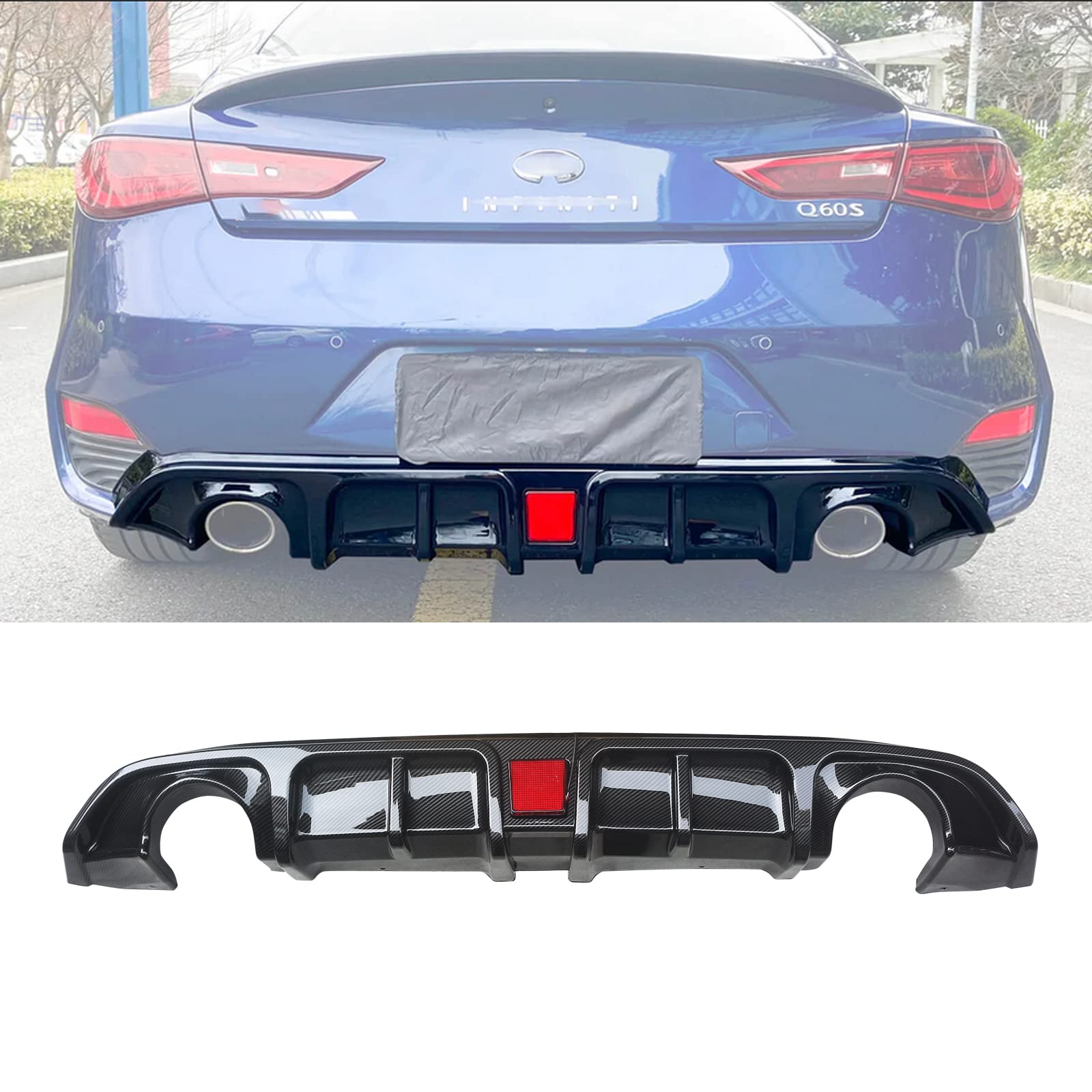 ABS Carbon Fiber Rear Diffuser with Brake Light for 2017-2022 Infiniti Q60 - Upgrade Your Rear Bumper Lip for Sporty Style & Enhanced Aerodynamics | Perfect for Car Enthusiasts & Street Racing
