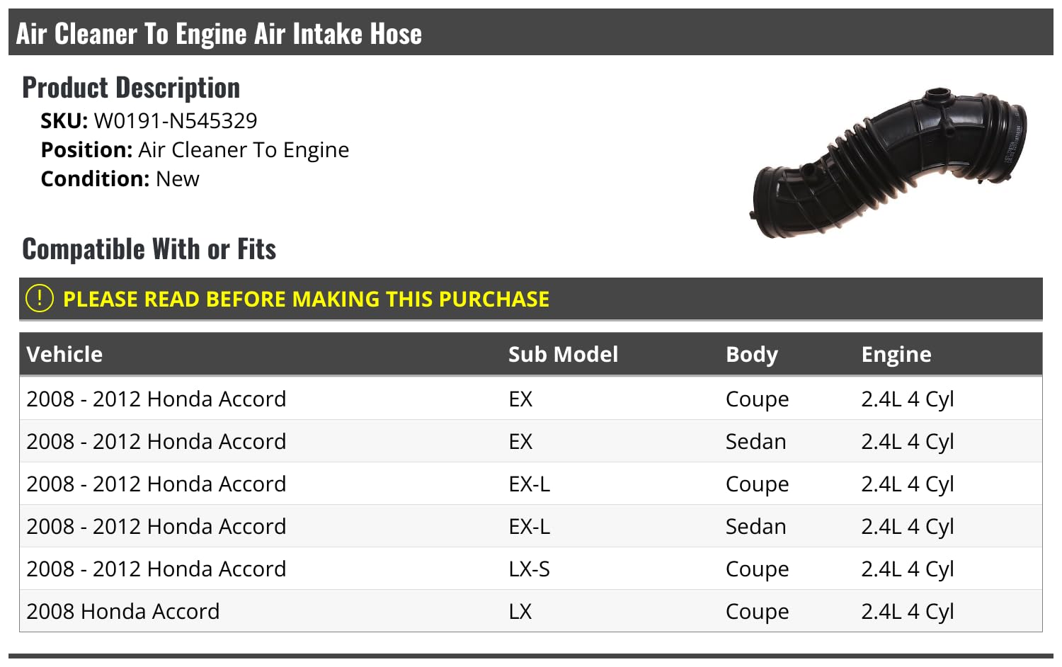 2008-2012 Honda Accord 2.4L 4-Cylinder Air Intake Hose Replacement - OEM Fit Air Cleaner to Engine Hose - Perfect for Engine Performance & Maintenance