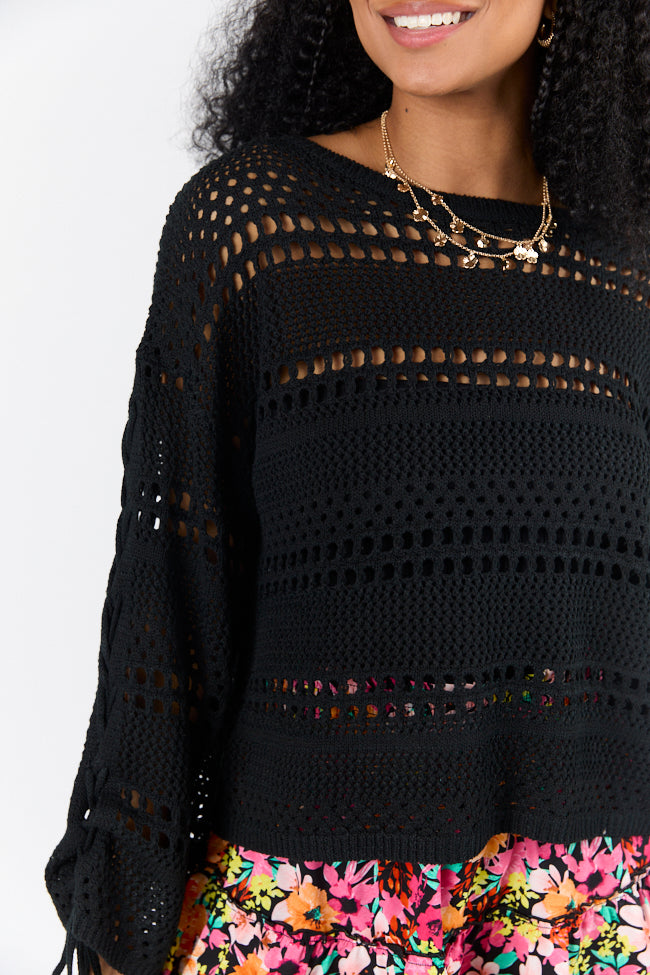 Easy Going Black Open Knit Boat Neck Sweater for Women - Lightweight Loose Fit Pullover Top for Casual Wear & Layering