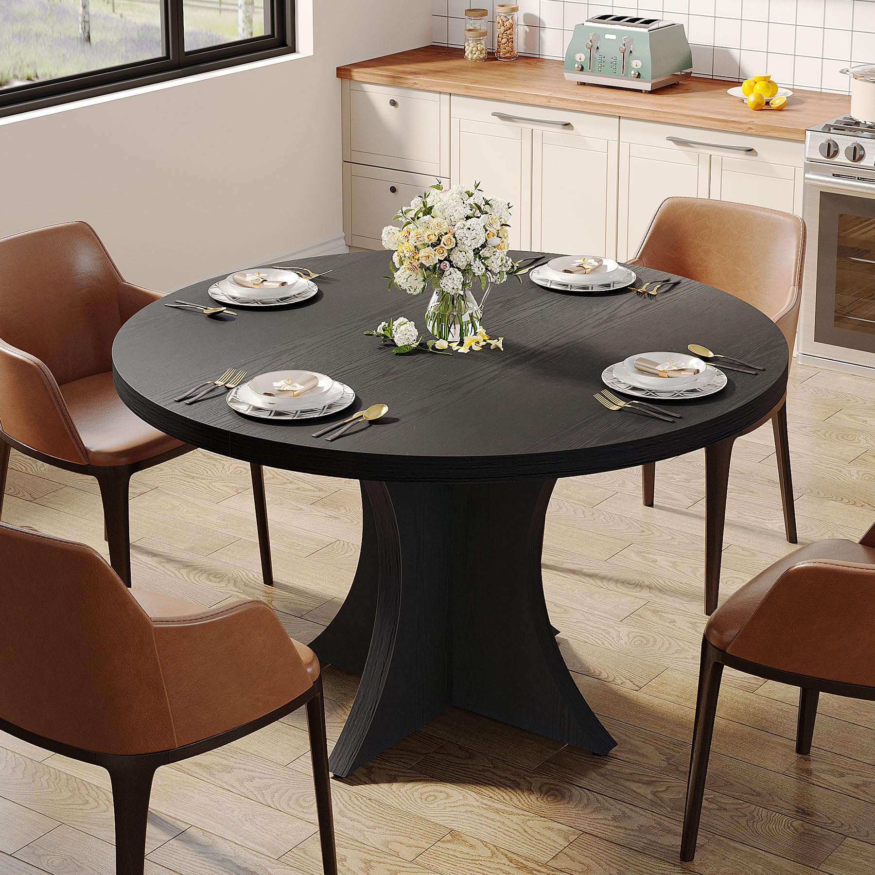 Tribesigns 47.24-Inch Round Wood Dining Table for 4-6 People - Farmhouse Style Pedestal Base Kitchen Table - Perfect for Small Spaces, Dining Room, Living Room & Breakfast Nook - Elegant Black Finish