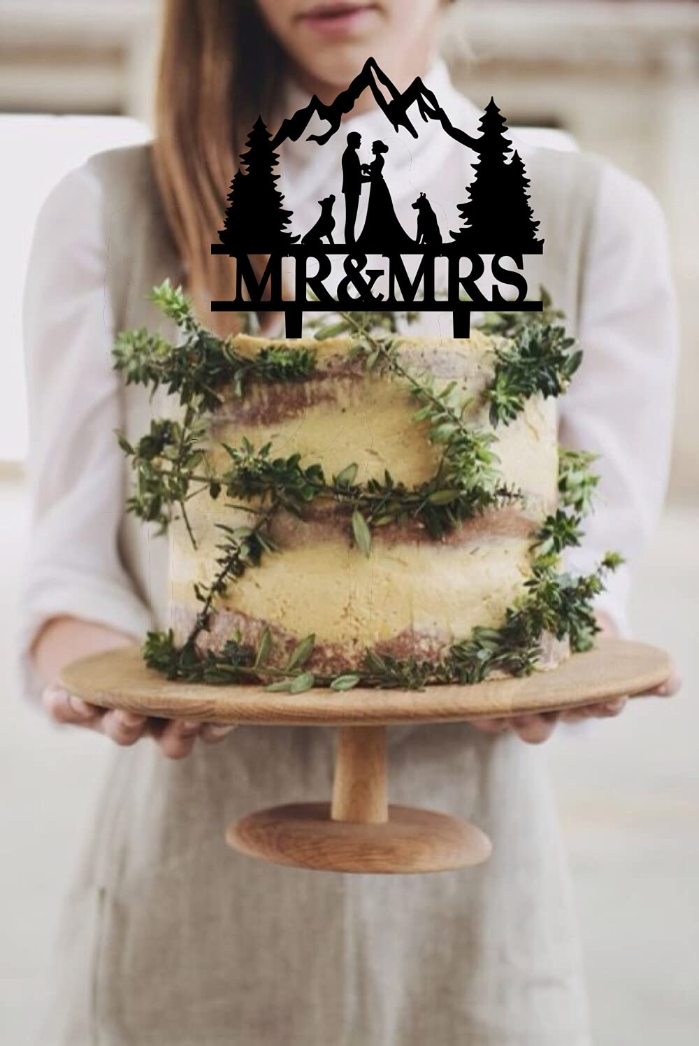 Mountain Wedding Cake Topper - Mr & Mrs Forest Theme Cake Decorations for Outdoor Weddings (Mountain and Dog Design) - Perfect for Rustic, Nature-Inspired & Adventure-Themed Weddings
