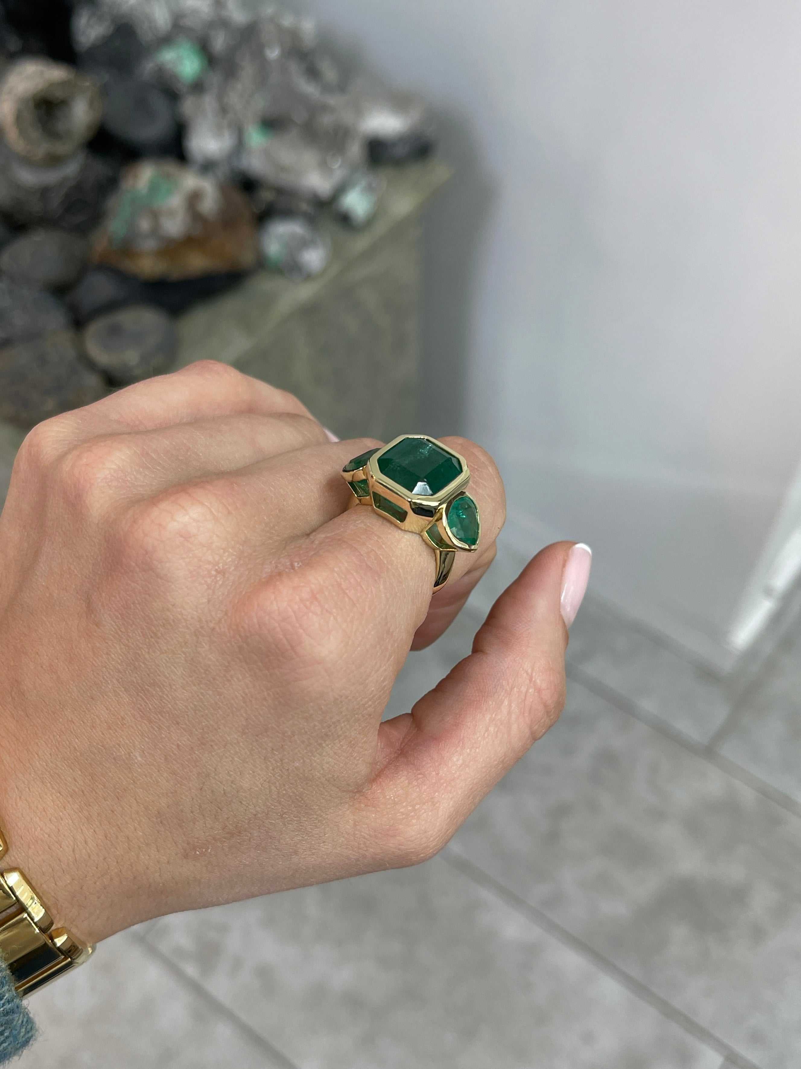 15.44tcw Three Stone Emerald Ring - 11.32 Carat Zambian Emerald with Pear Cut Accents in 18K Gold | Elegant Jewelry for Weddings, Anniversaries & Special Occasions