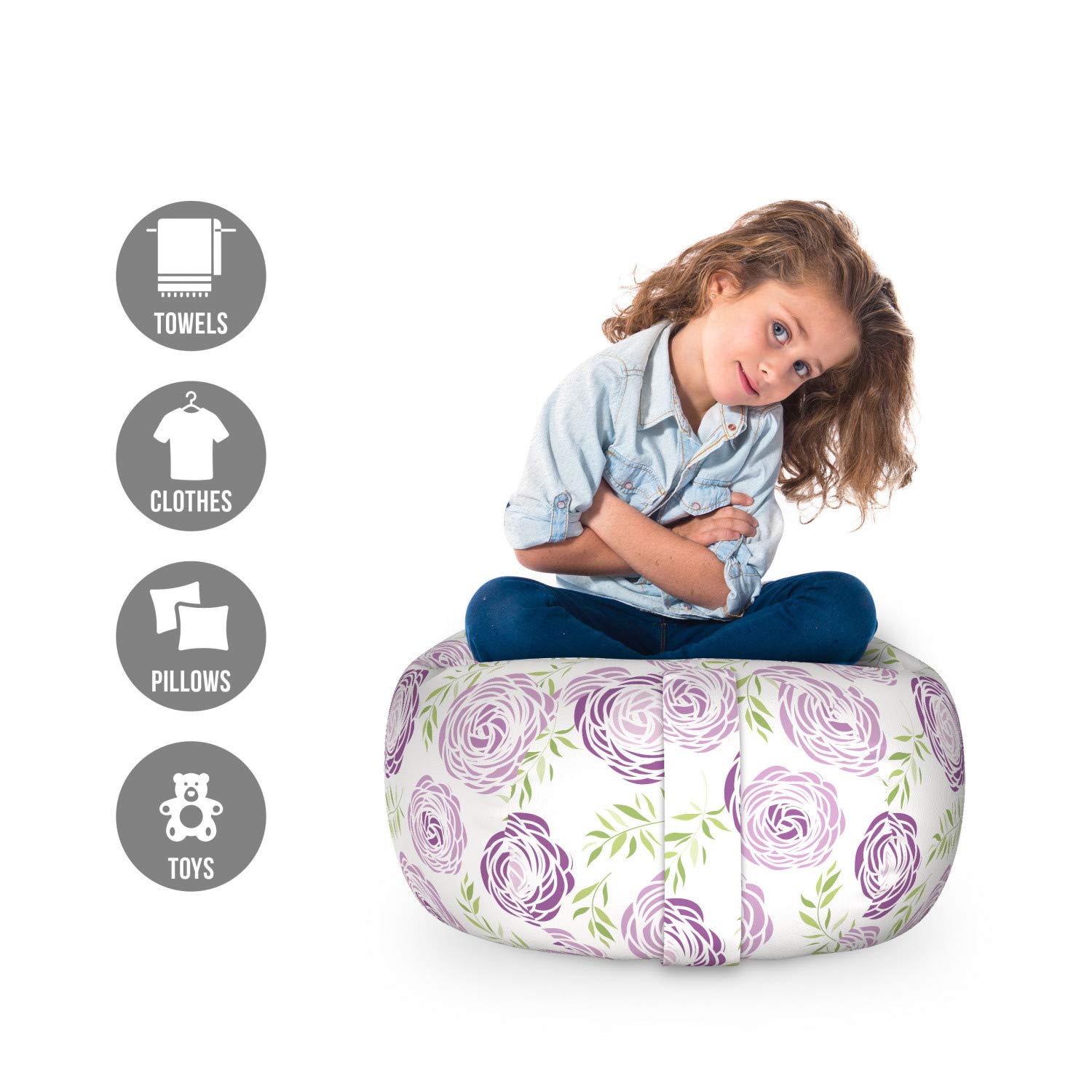 Ambesonne Floral Toy Storage Bag Chair - Washable Stuffed Animal Organizer with Garden Leaves Design, Small Size in Pale Mauve White - Perfect for Kids' Room, Nursery, or Playroom Organization