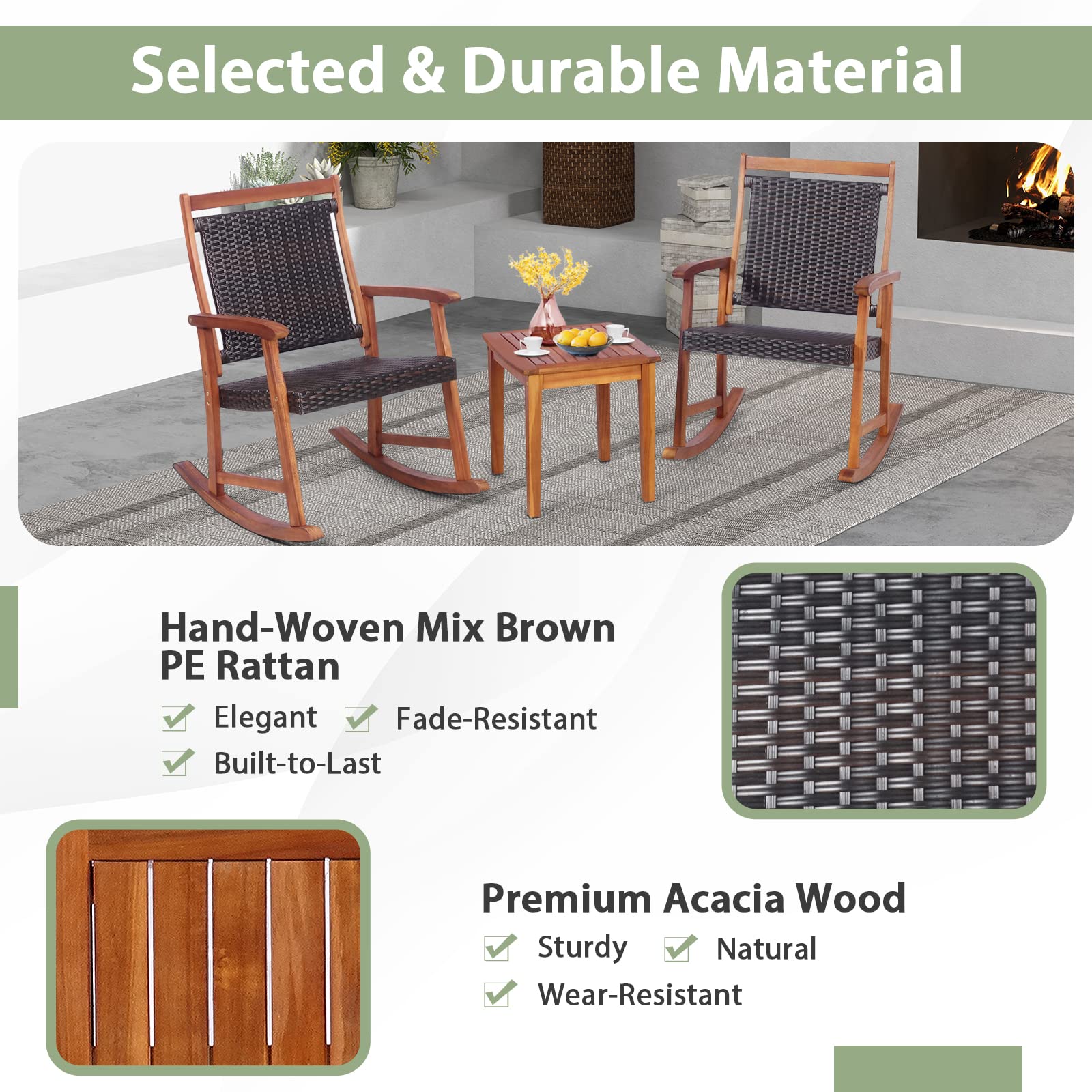 HAPPYGRILL 3-Piece Acacia Wood Rocking Bistro Set with Rattan Wicker Coffee Table - Patio Rocking Chairs & Conversation Set for Garden, Porch, Backyard - Perfect for Outdoor Relaxation & Entertaining
