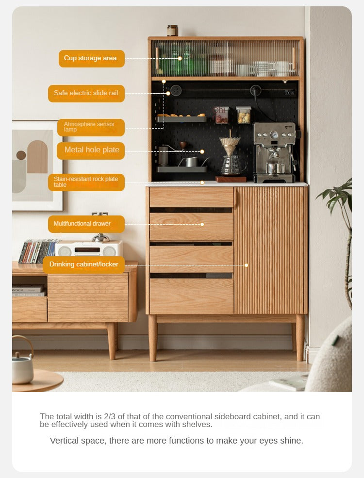 Solid Oak Wood Modern Rock Board Side High Tea Cabinet Buffet - Stylish Storage for Dining Room, Living Room & Kitchen | Perfect for Tea Parties, Buffets & Home Decor