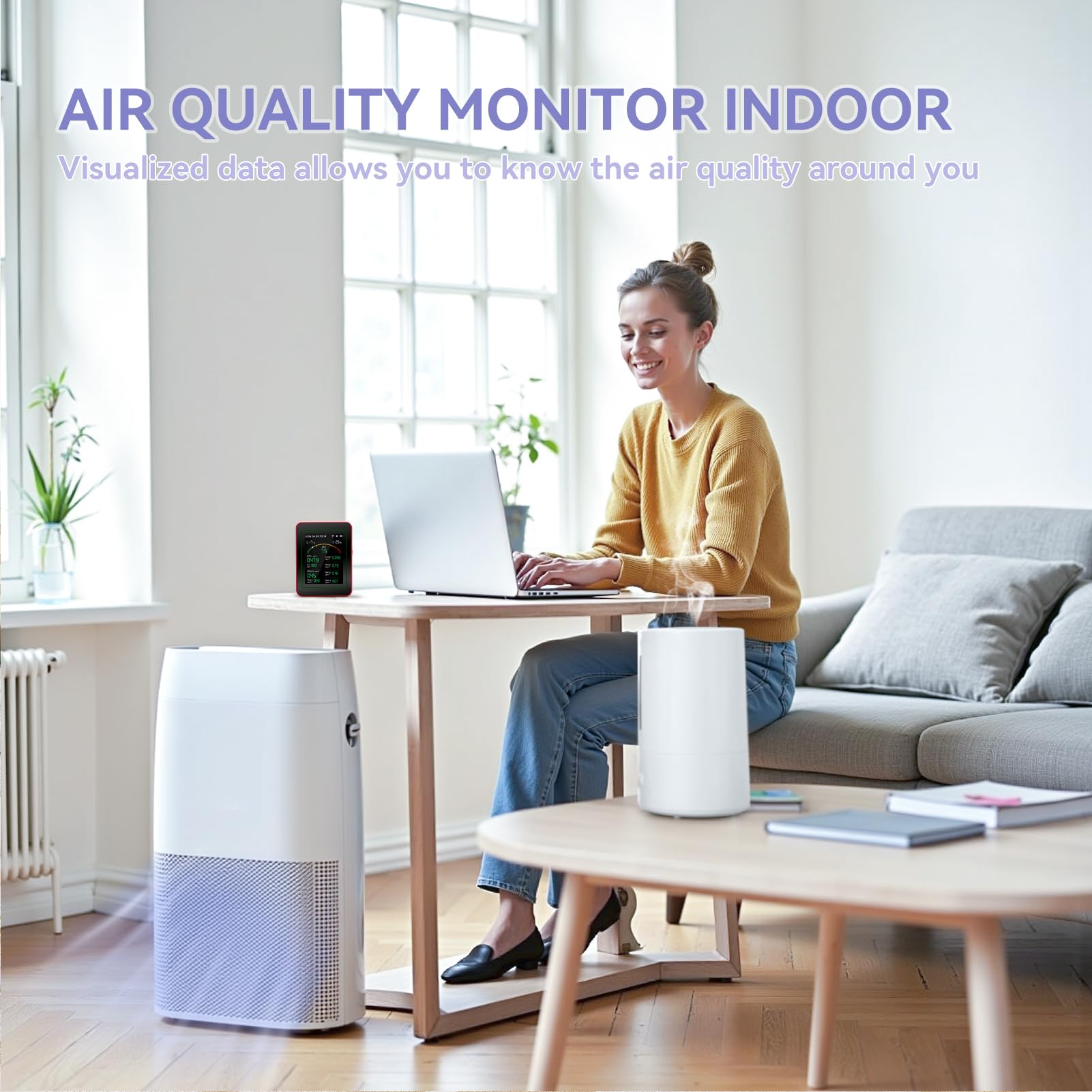 15-in-1 Air Quality Monitor with WiFi & Mobile App - Detects CO, CO2, HCHO, TVOC, AQI, PM0.3-10, Temperature & Humidity - Digital Alarm Clock with Timer & Alerts (White/Red) for Home, Office & Baby Room Air Monitoring